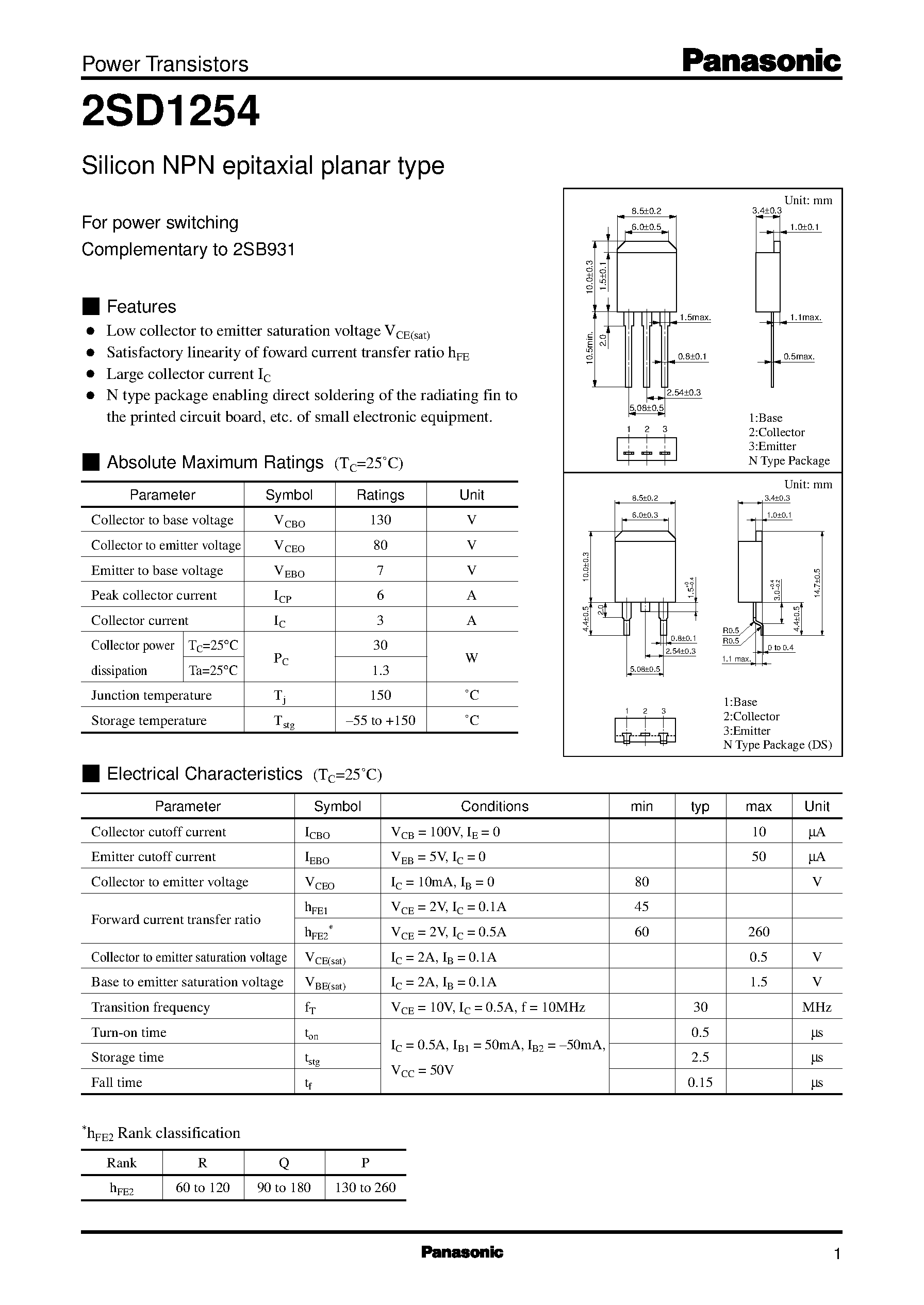 Datasheet 2SD1254 - Silicon PNP epitaxial planar type(For power switching) page 1