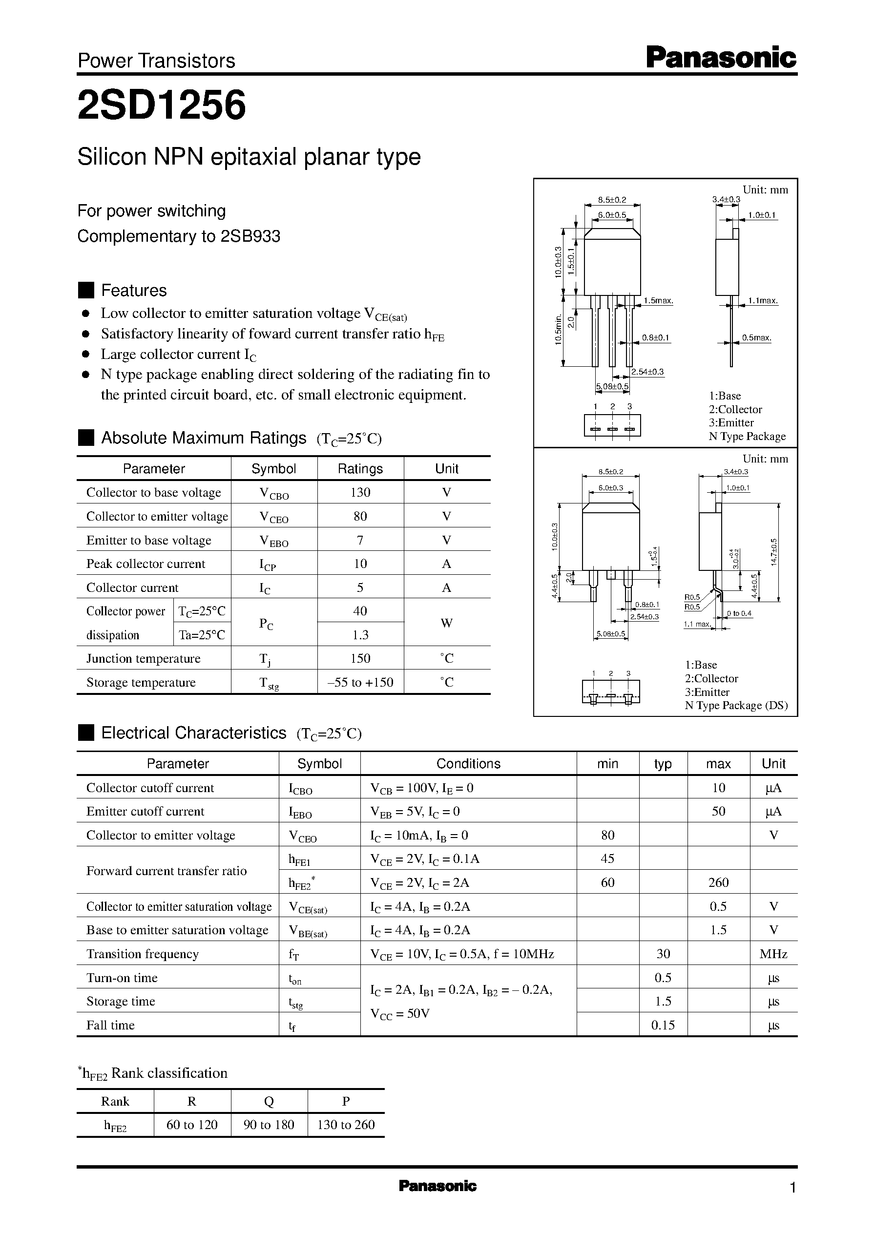 Datasheet 2SD1256 - Silicon PNP epitaxial planar type(For power switching) page 1