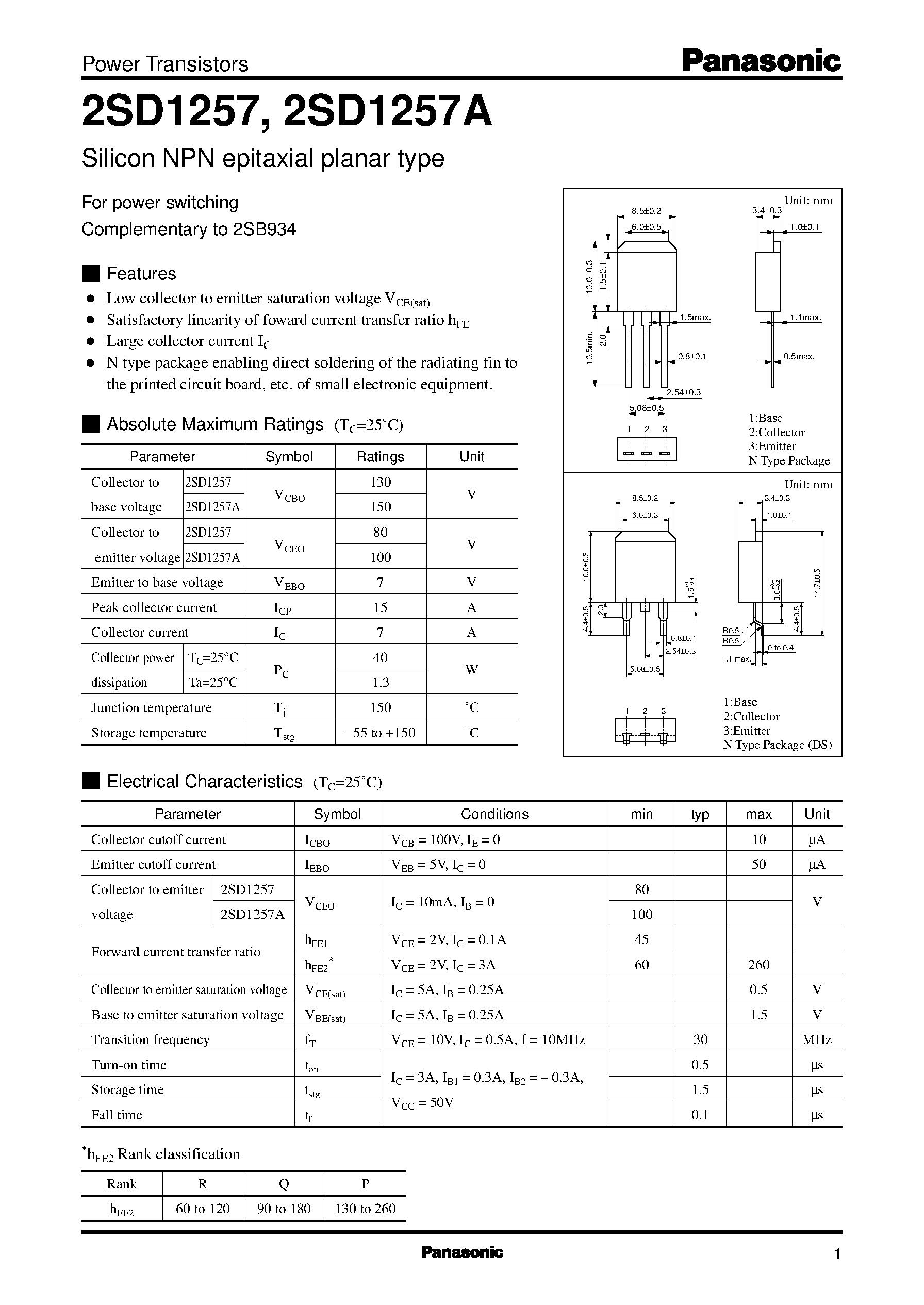 Datasheet 2SD1257A page 1 Datasheet 2SD1257A - Silicon NPN epitaxial planar type(For power switching) page 1