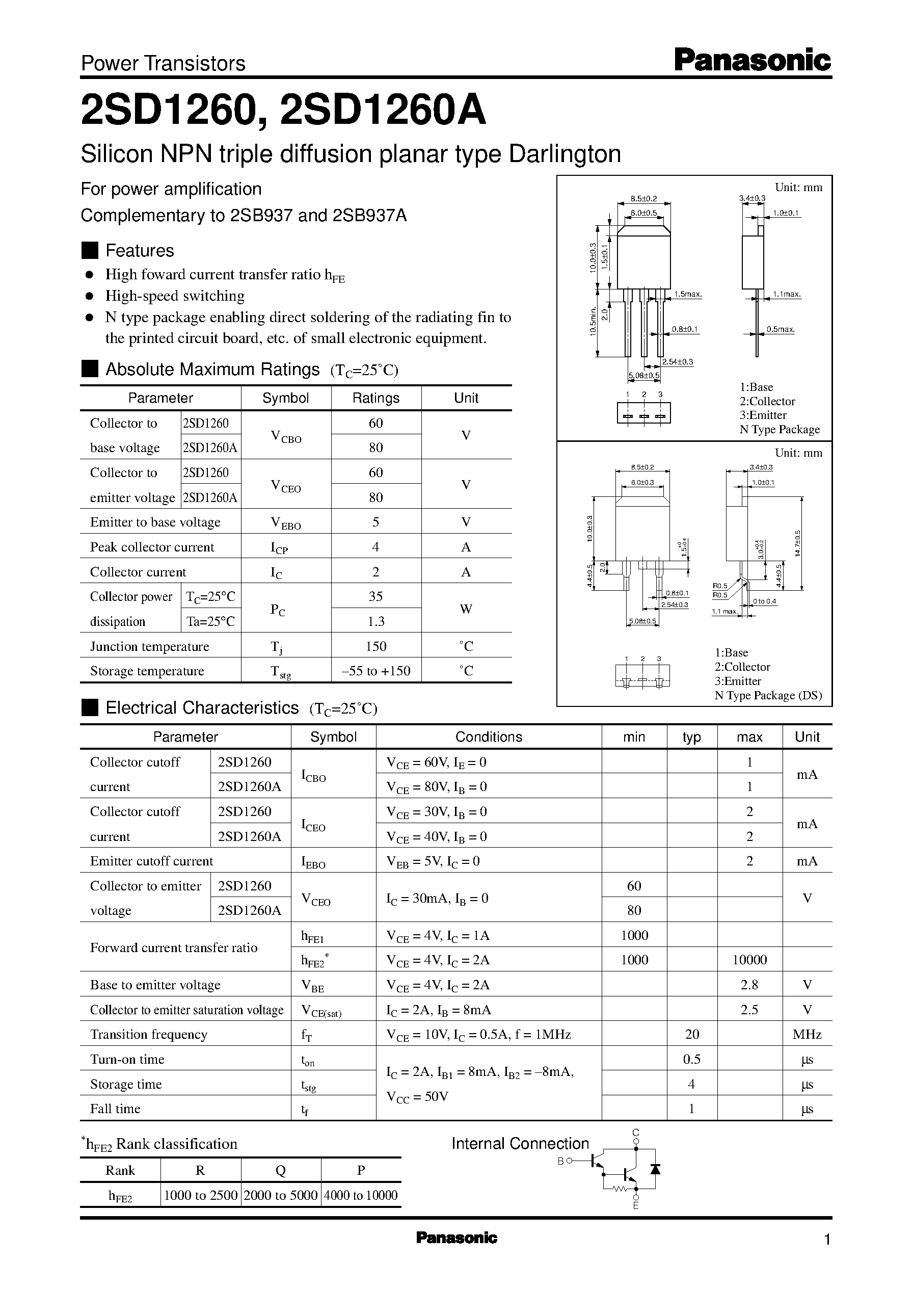 Datasheet 2SD1260 page 1 Datasheet 2SD1260 - Silicon PNP epitaxial planar type Darlington(For power amplification and switching) page 1