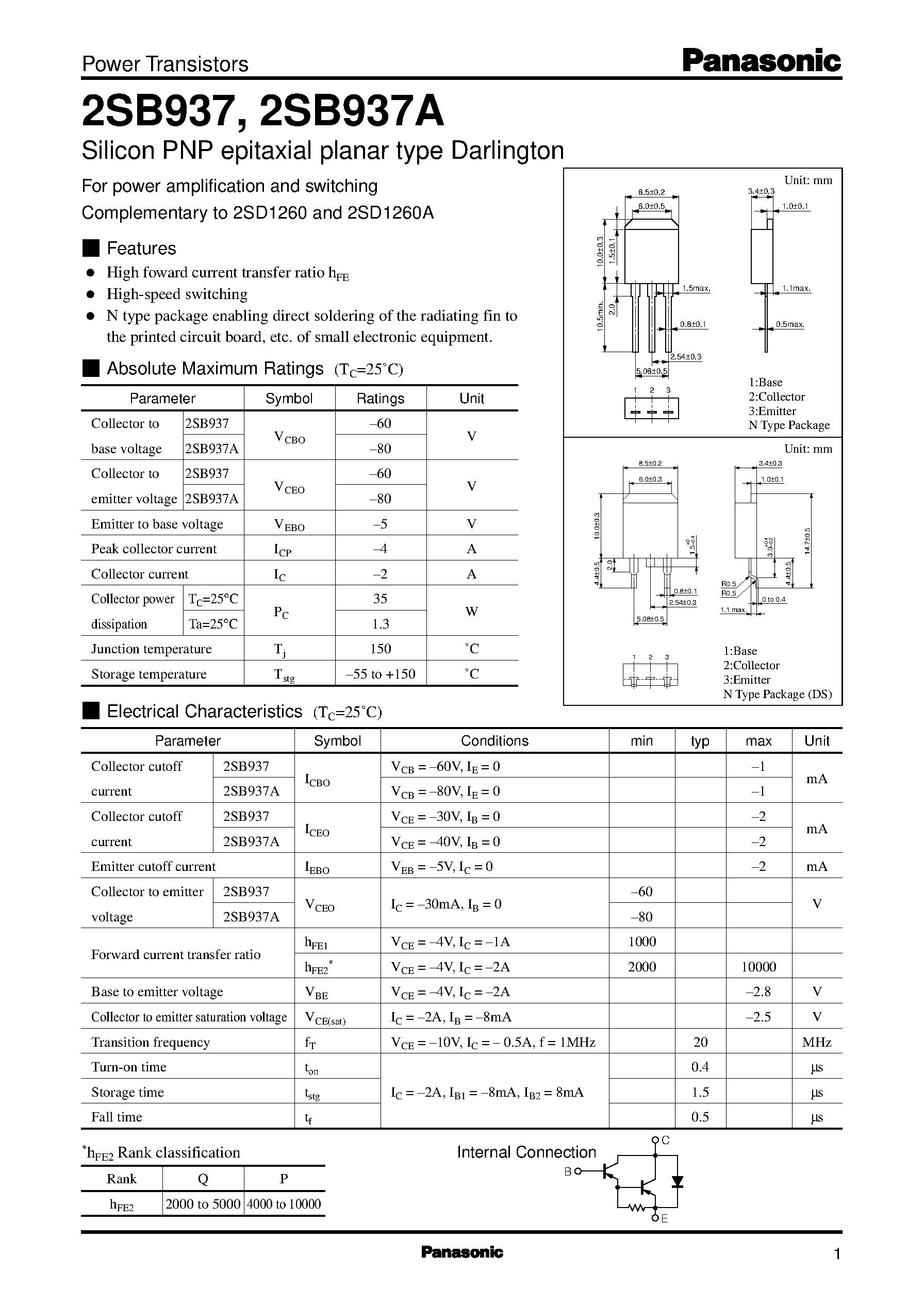 Datasheet 2SD1260A page 1 Datasheet 2SD1260A - Silicon NPN triple diffusion planar type Darlington(For power amplification) page 1