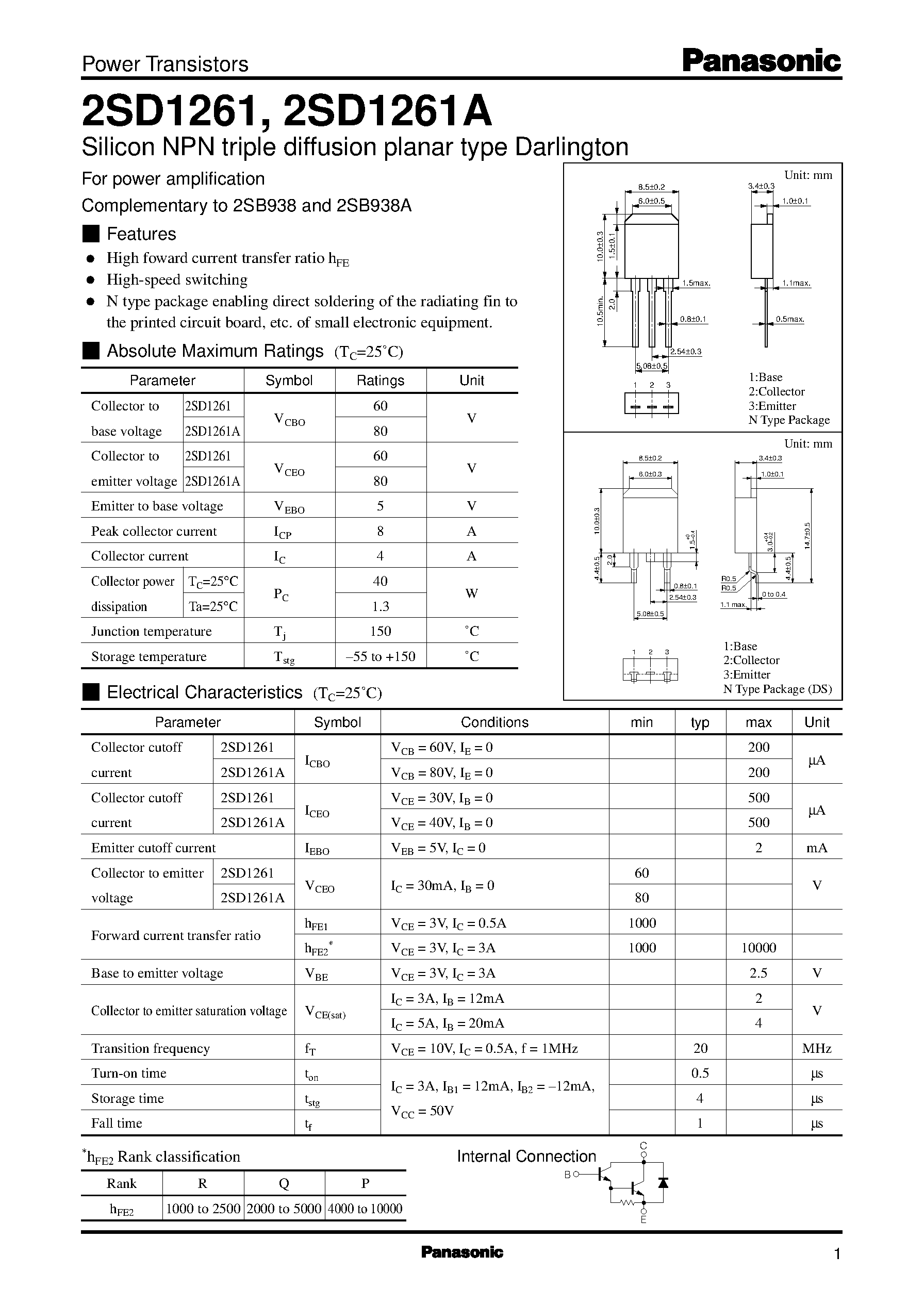Datasheet 2SD1261 - Silicon PNP epitaxial planar type Darlington(For power amplification and switching) page 1