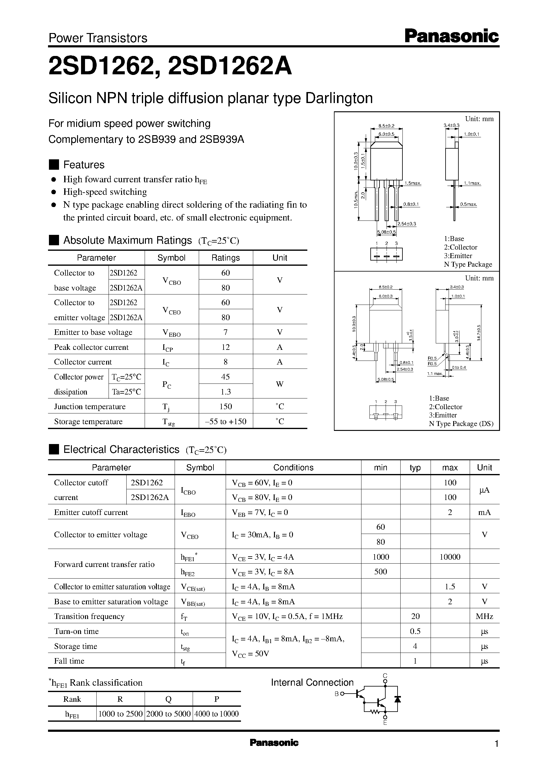 Datasheet 2SD1262 - Silicon PNP epitaxial planar type Darlington page 1