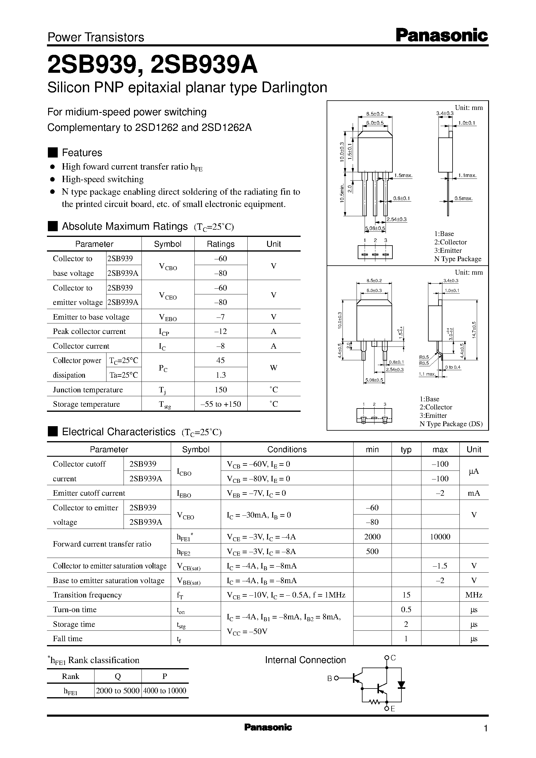 Datasheet 2SD1262A - Silicon NPN triple diffusion planar type Darlington page 1