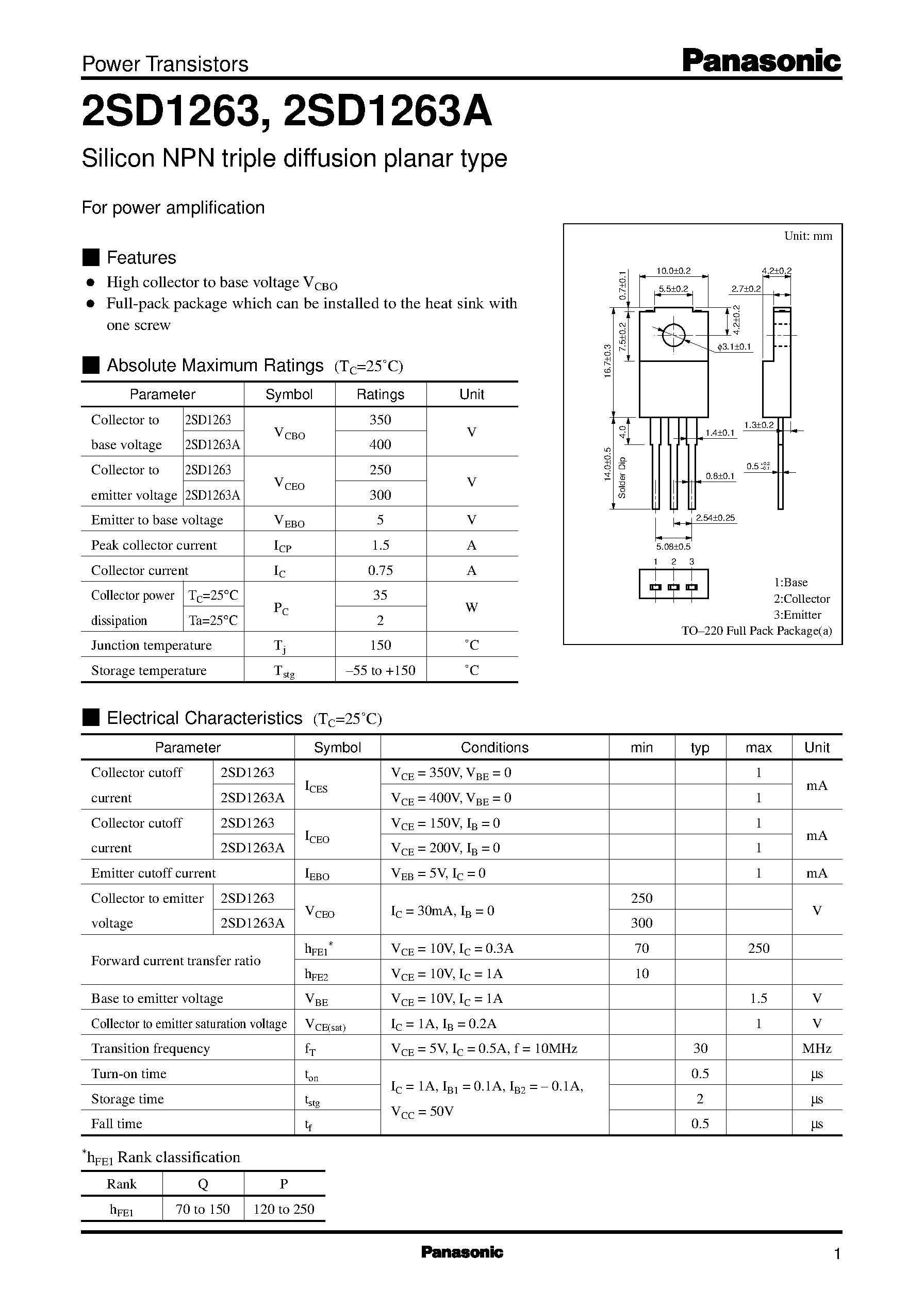 Datasheet 2SD1263A - Silicon NPN triple diffusion planar type(For power amplification) page 1