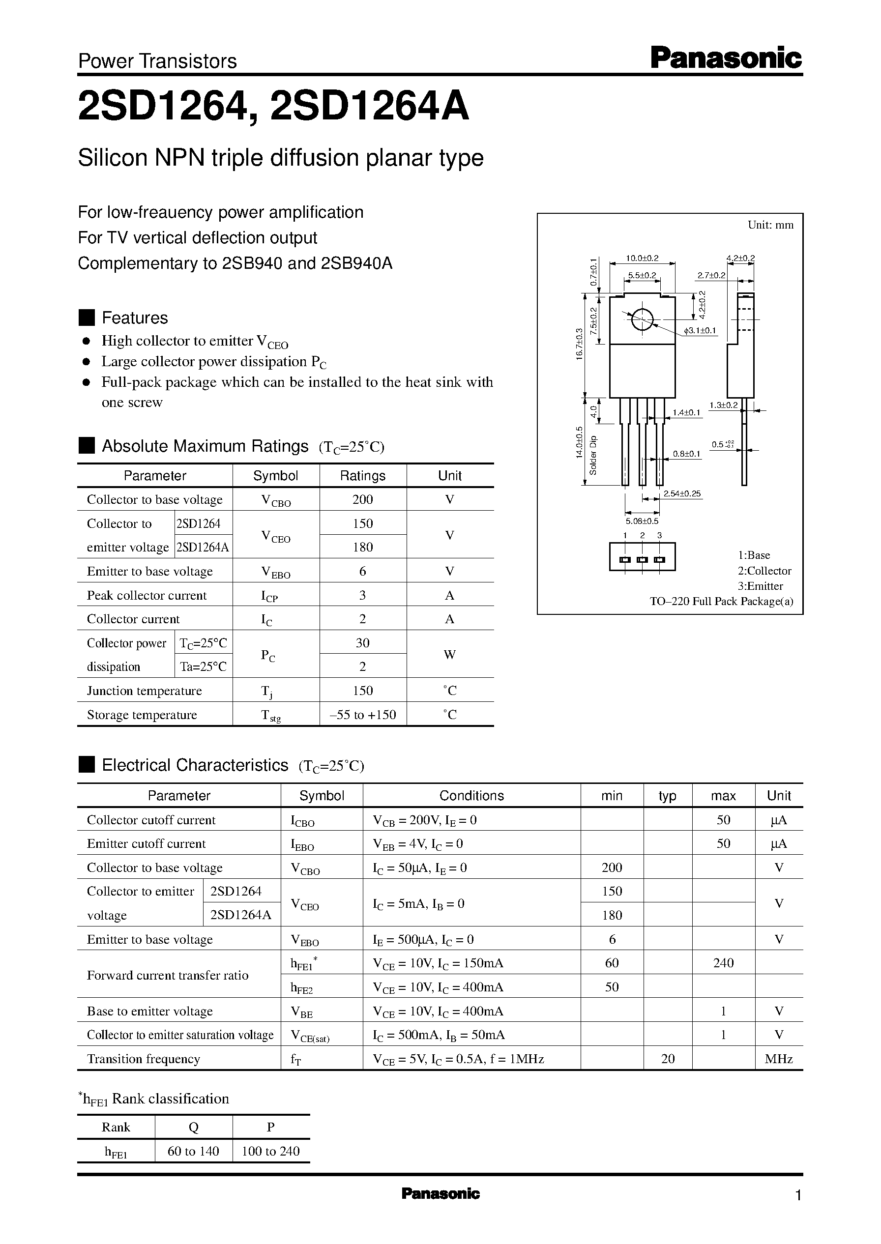 Datasheet 2SD1264 page 1 Datasheet 2SD1264 - Silicon PNP epitaxial planar type(For power amplification) page 1