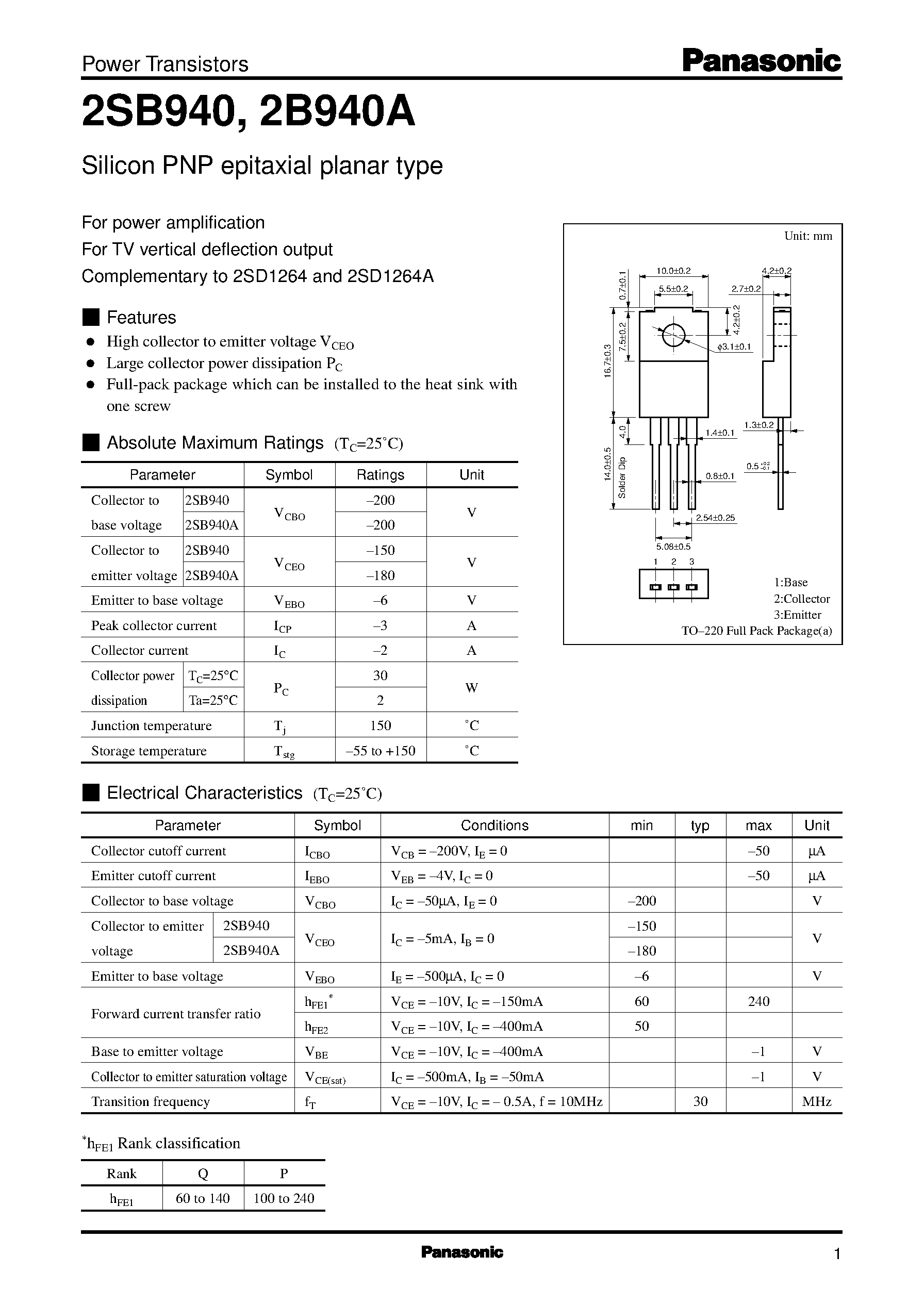Datasheet 2SD1264A page 1 Datasheet 2SD1264A - Silicon NPN triple diffusion planar type page 1