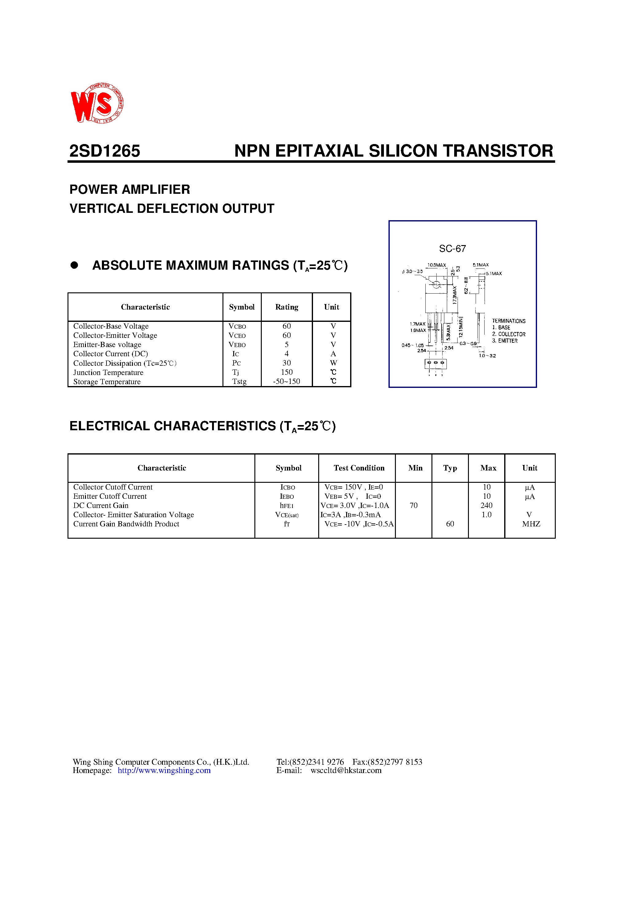 Datasheet 2SD1265 - NPN EPITAXIAL SILICON TRANSISTOR(POWER AMPLIFIER VERTICAL DEFLECTION OUTPUT) page 1
