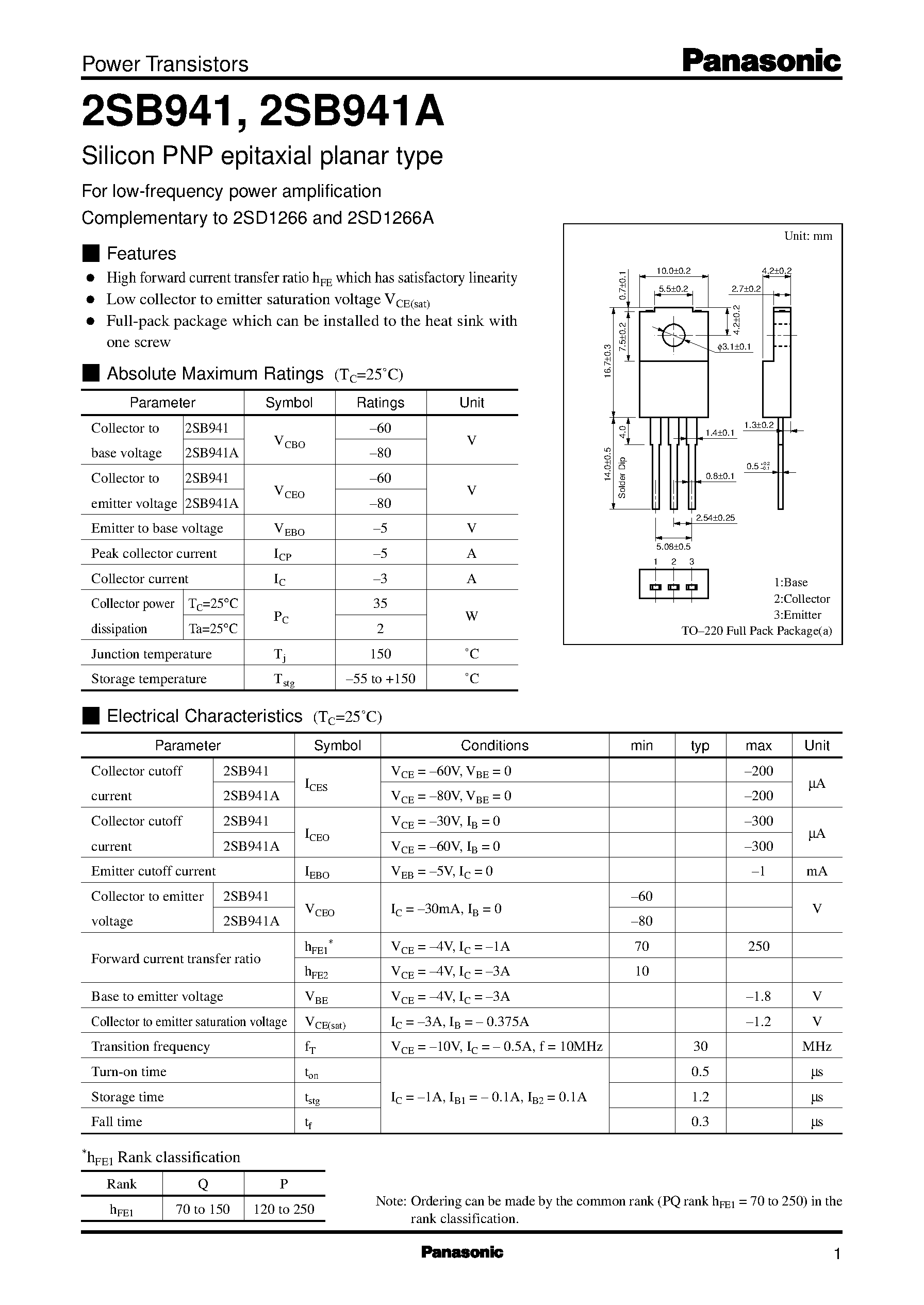 Datasheet 2SD1266A - Silicon NPN triple diffusion planar type(For power amplification) page 1