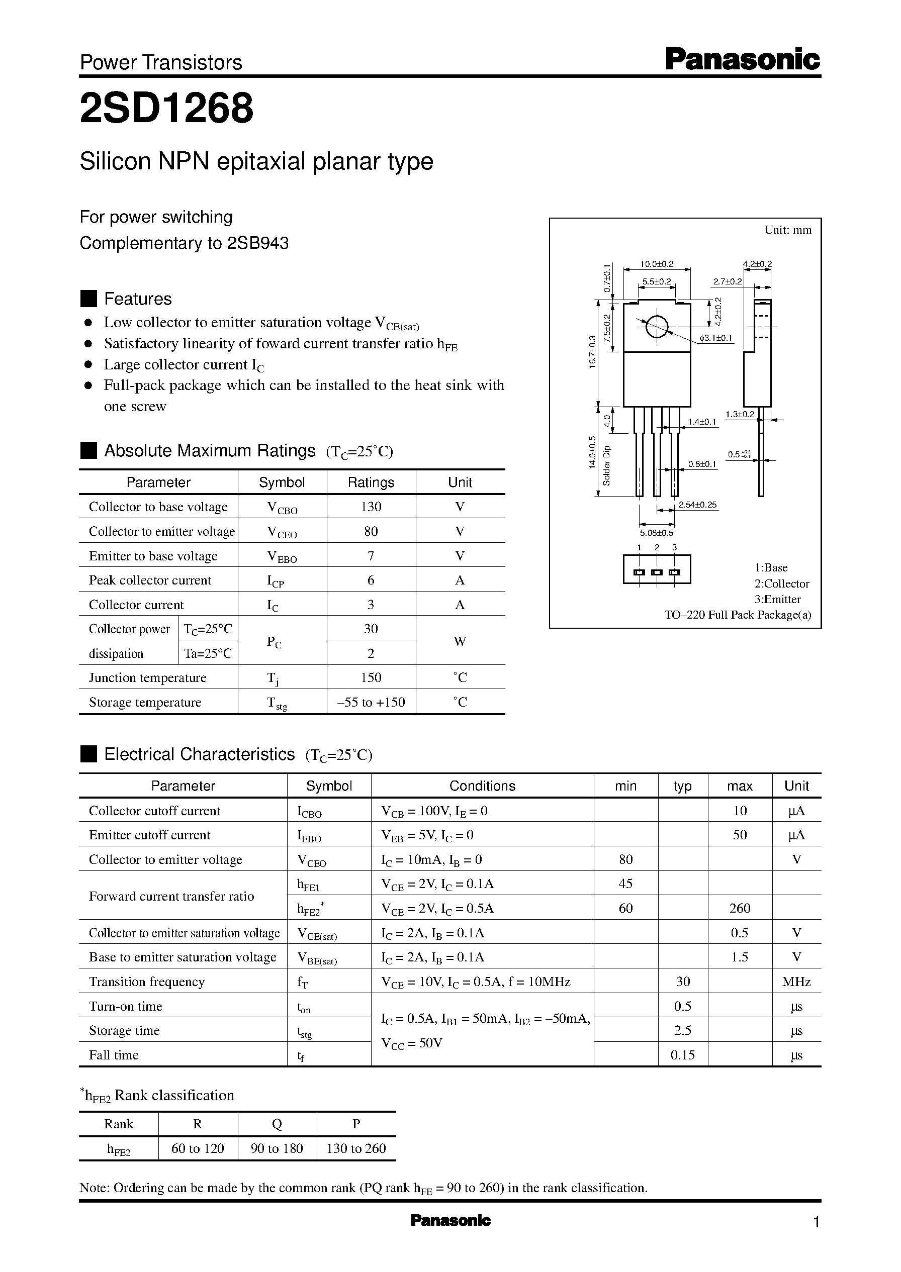 Datasheet 2SD1268 page 1 Datasheet 2SD1268 - Silicon PNP epitaxial planar type(For power switching) page 1