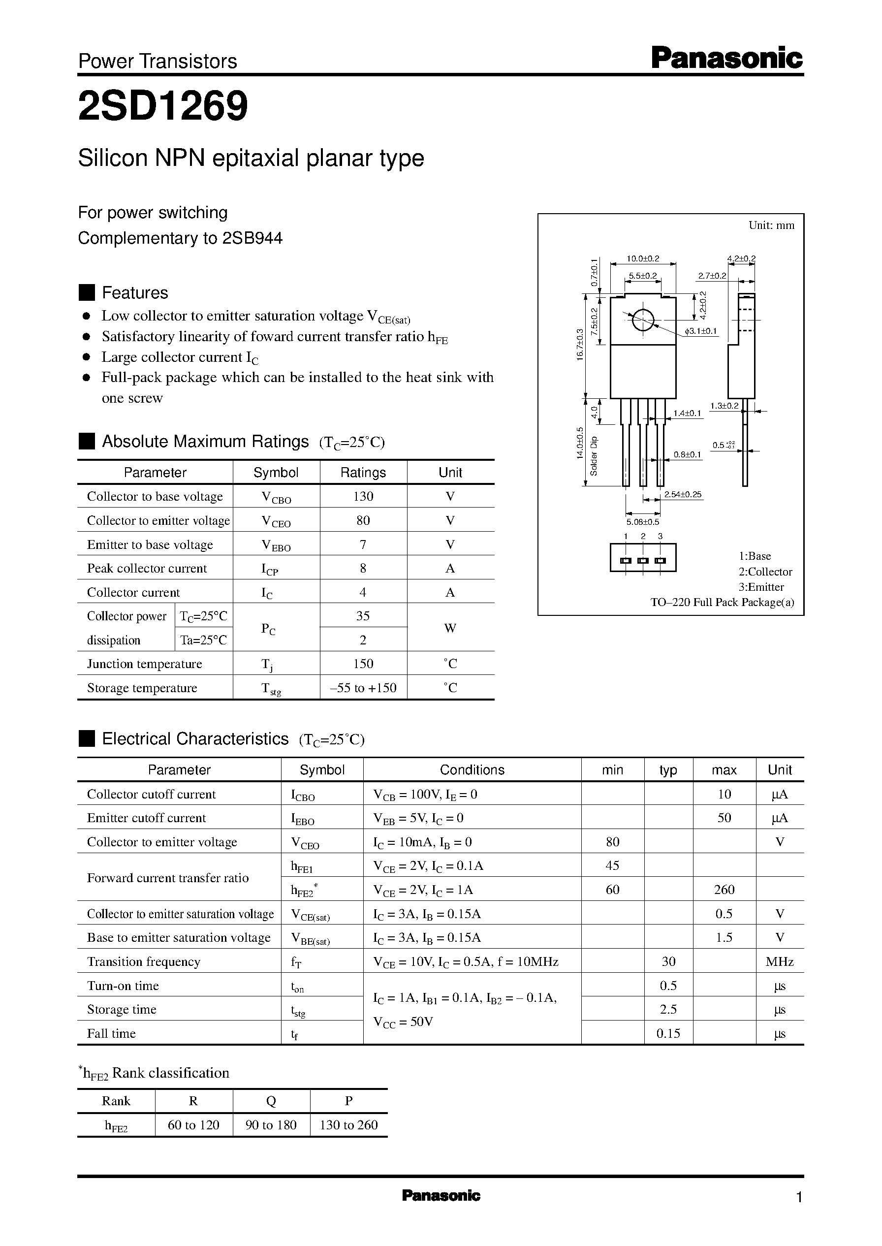 Datasheet 2SD1269 page 1 Datasheet 2SD1269 - Silicon PNP epitaxial planar type(For power switching) page 1