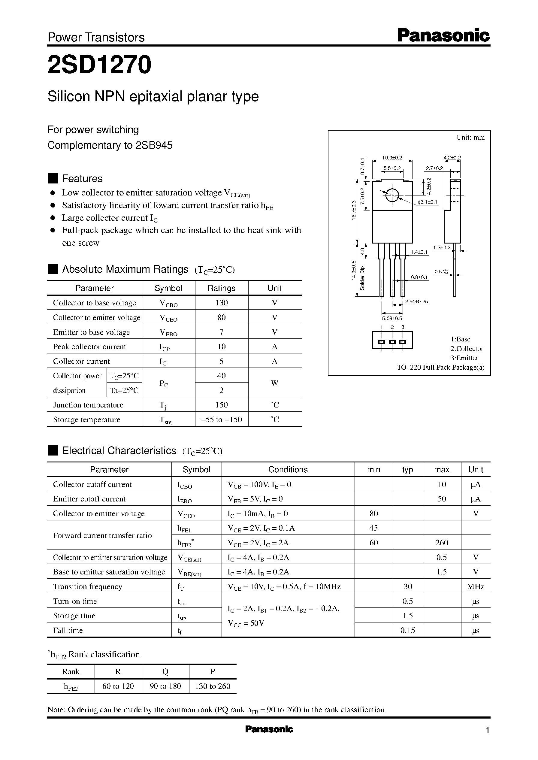 Datasheet 2SD1270 page 1 Datasheet 2SD1270 - Silicon PNP epitaxial planar type(For power switching) page 1