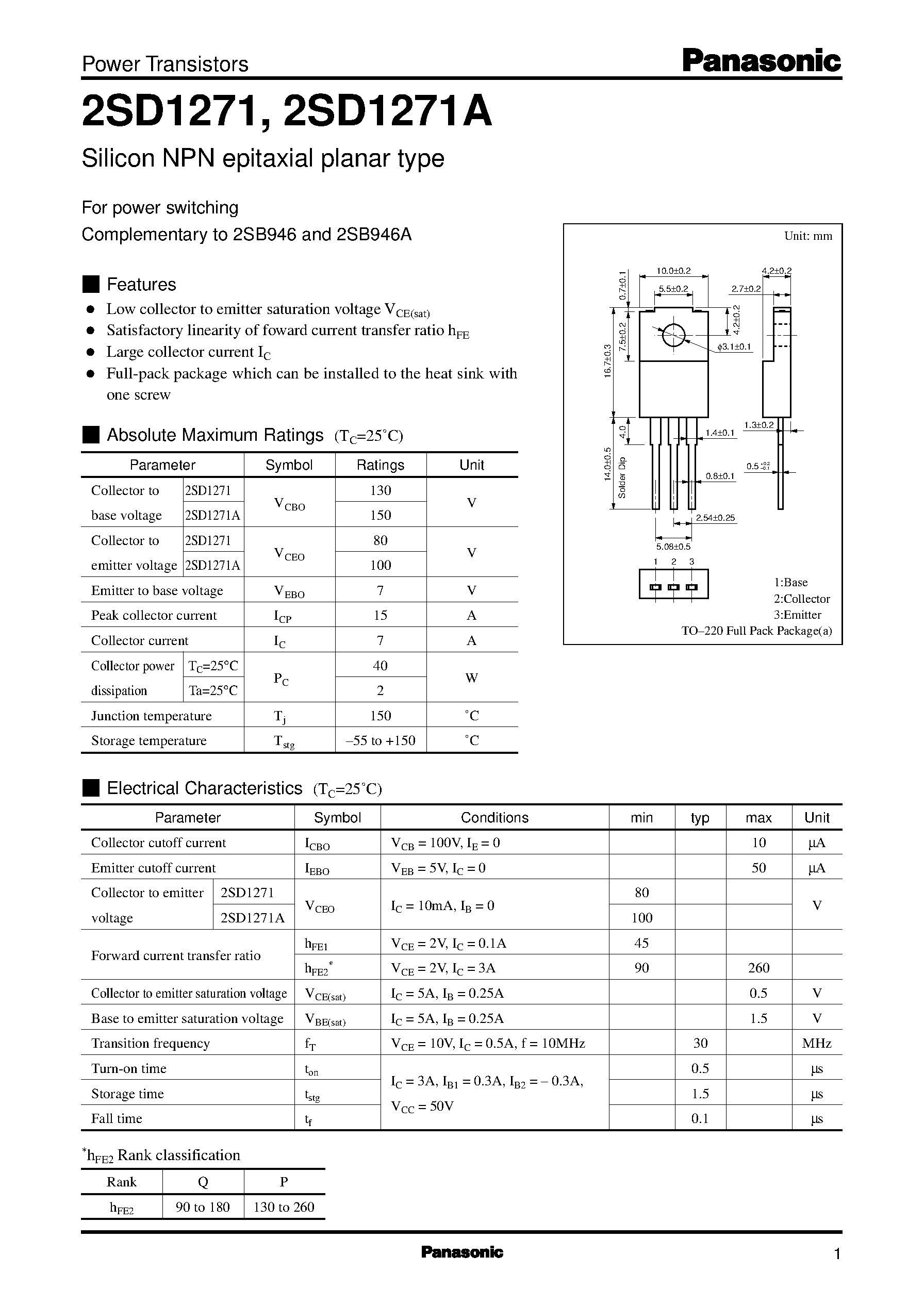 Datasheet 2SD1271 - Silicon PNP epitaxial planar type(For power switching) page 1