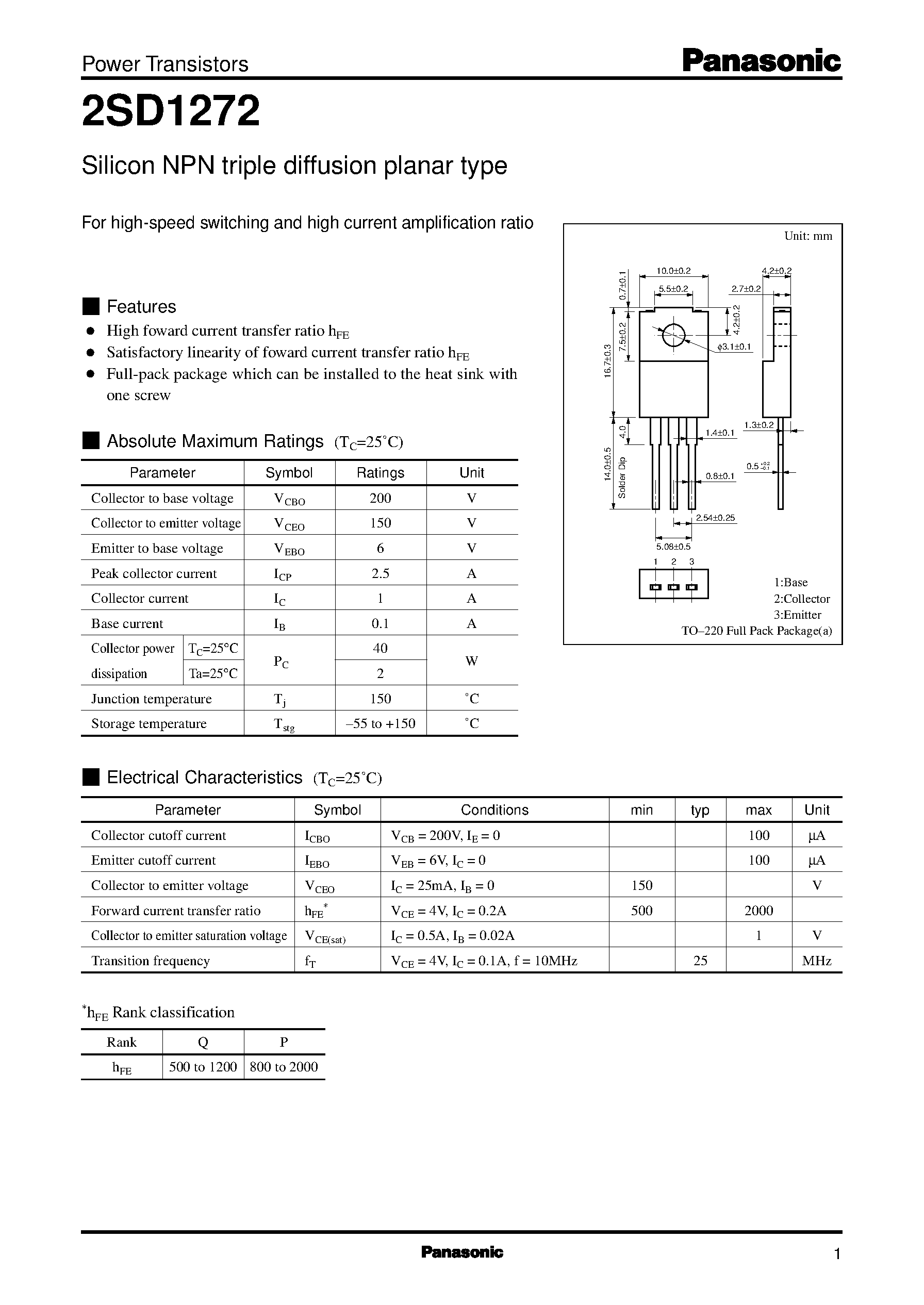 Datasheet 2SD1272 - Silicon NPN triple diffusion planar type(For high-speed switching and high current amplification ratio) page 1