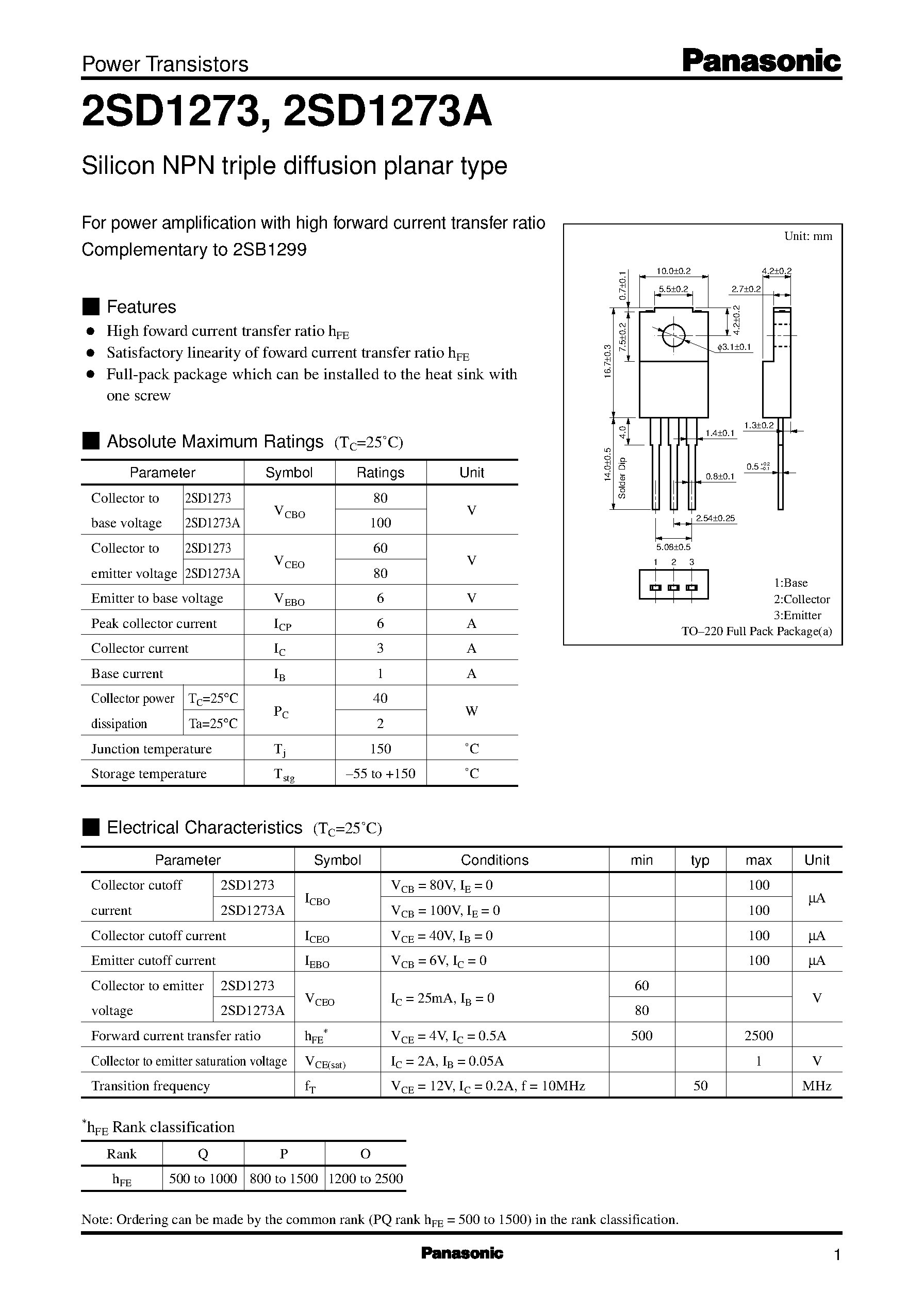 Datasheet 2SD1273 - Silicon PNP epitaxial planar type(For power amplification) page 1