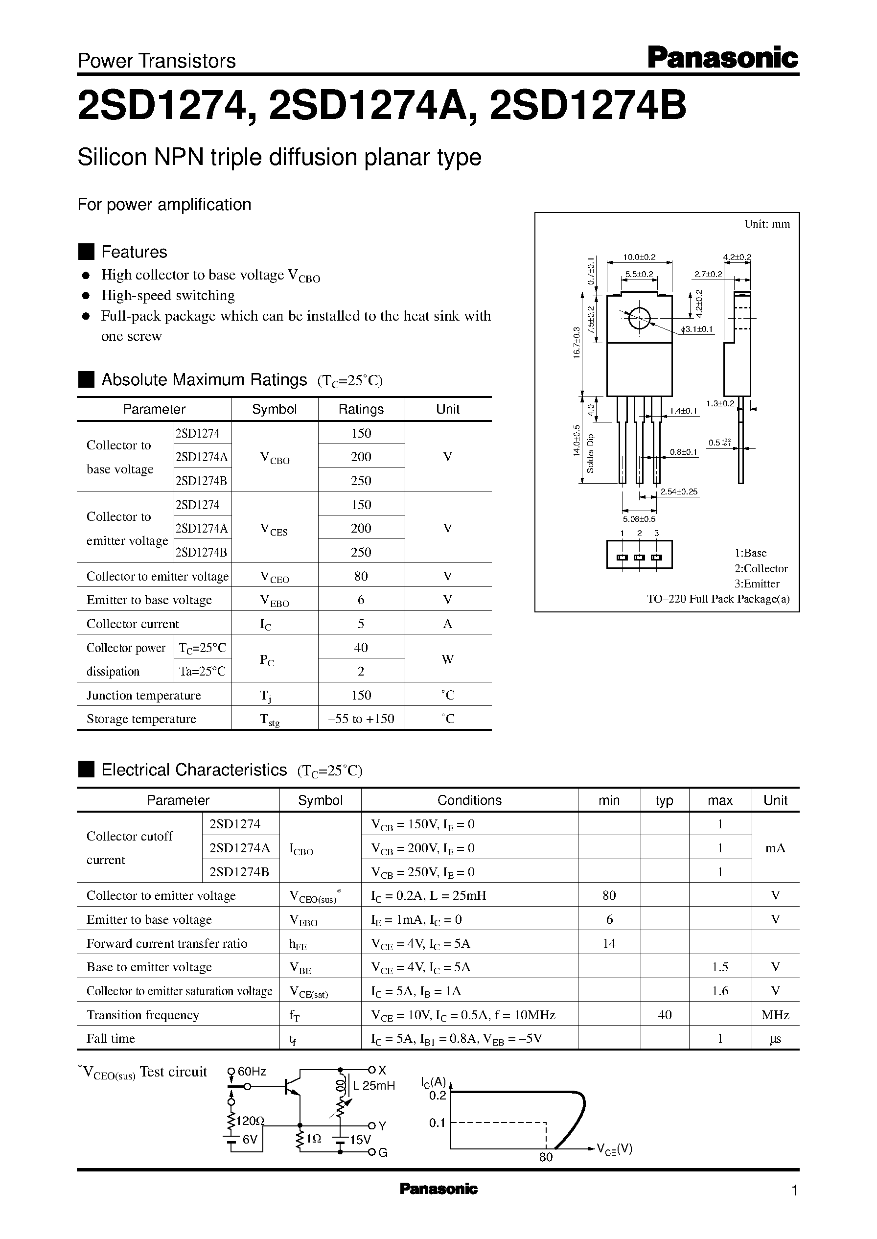 Datasheet 2SD1274B - Silicon NPN triple diffusion planar type(For power amplification) page 1