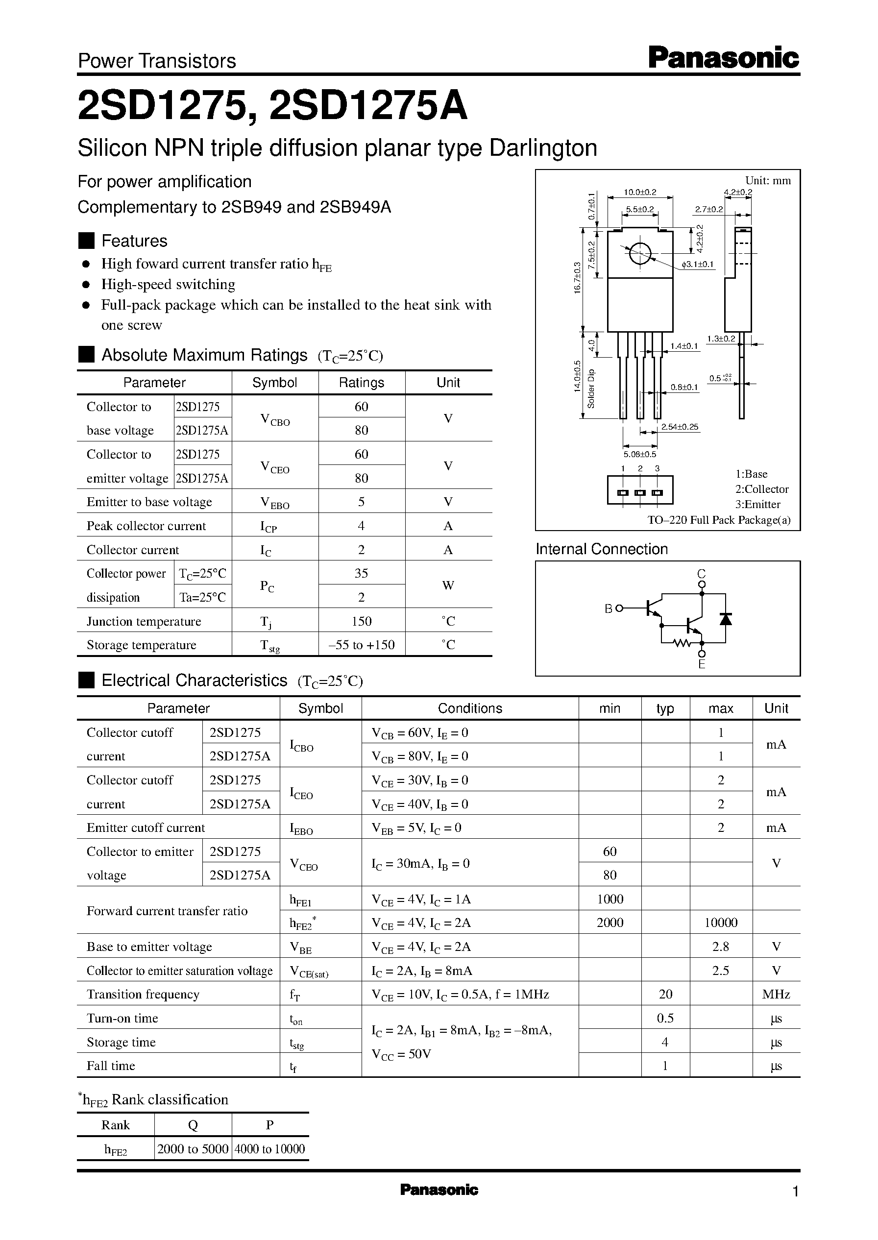 Datasheet 2SD1275 - Silicon PNP epitaxial planar type Darlington page 1