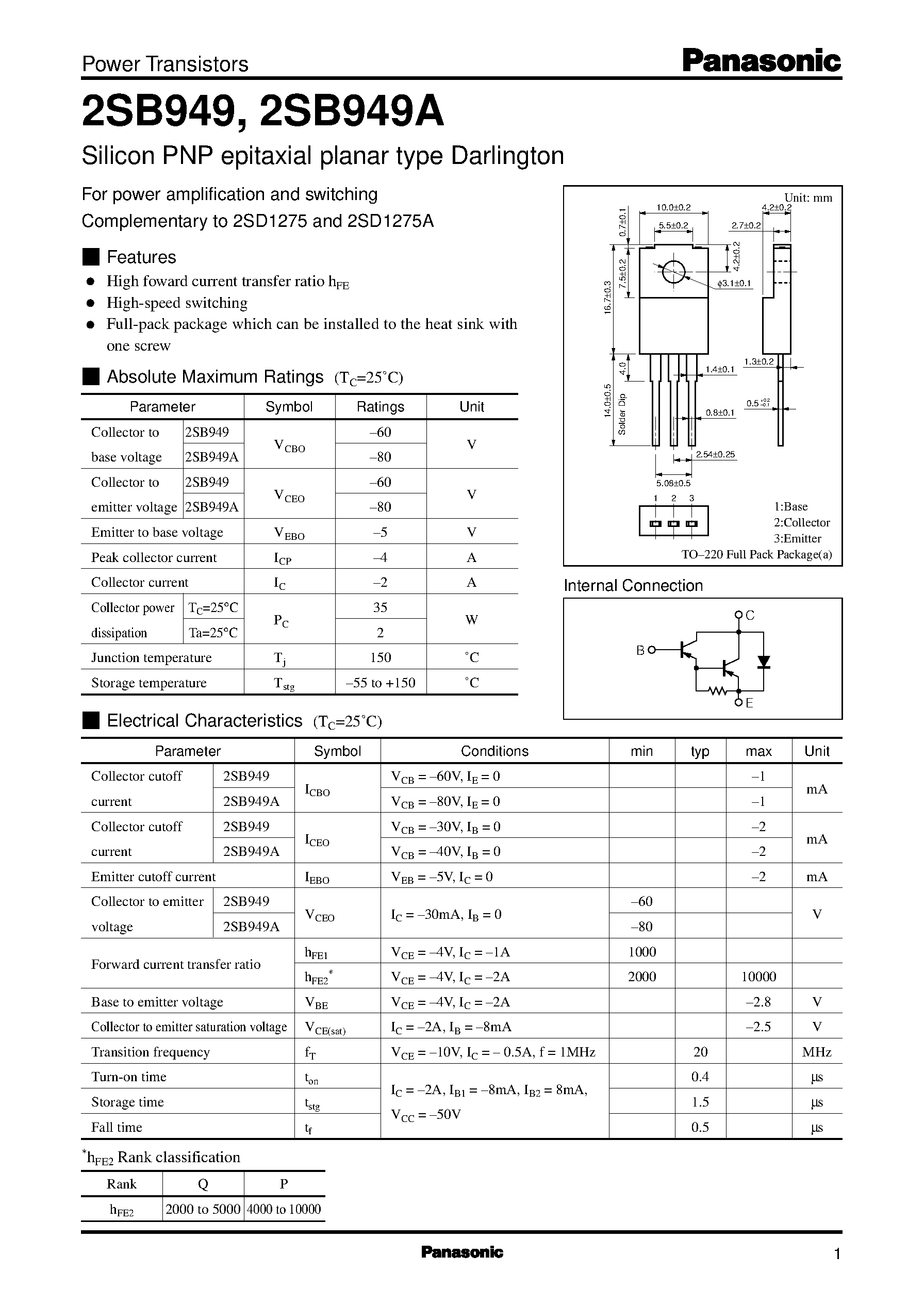 Datasheet 2SD1275A - Silicon NPN triple diffusion planar type Darlington(For power amplification) page 1