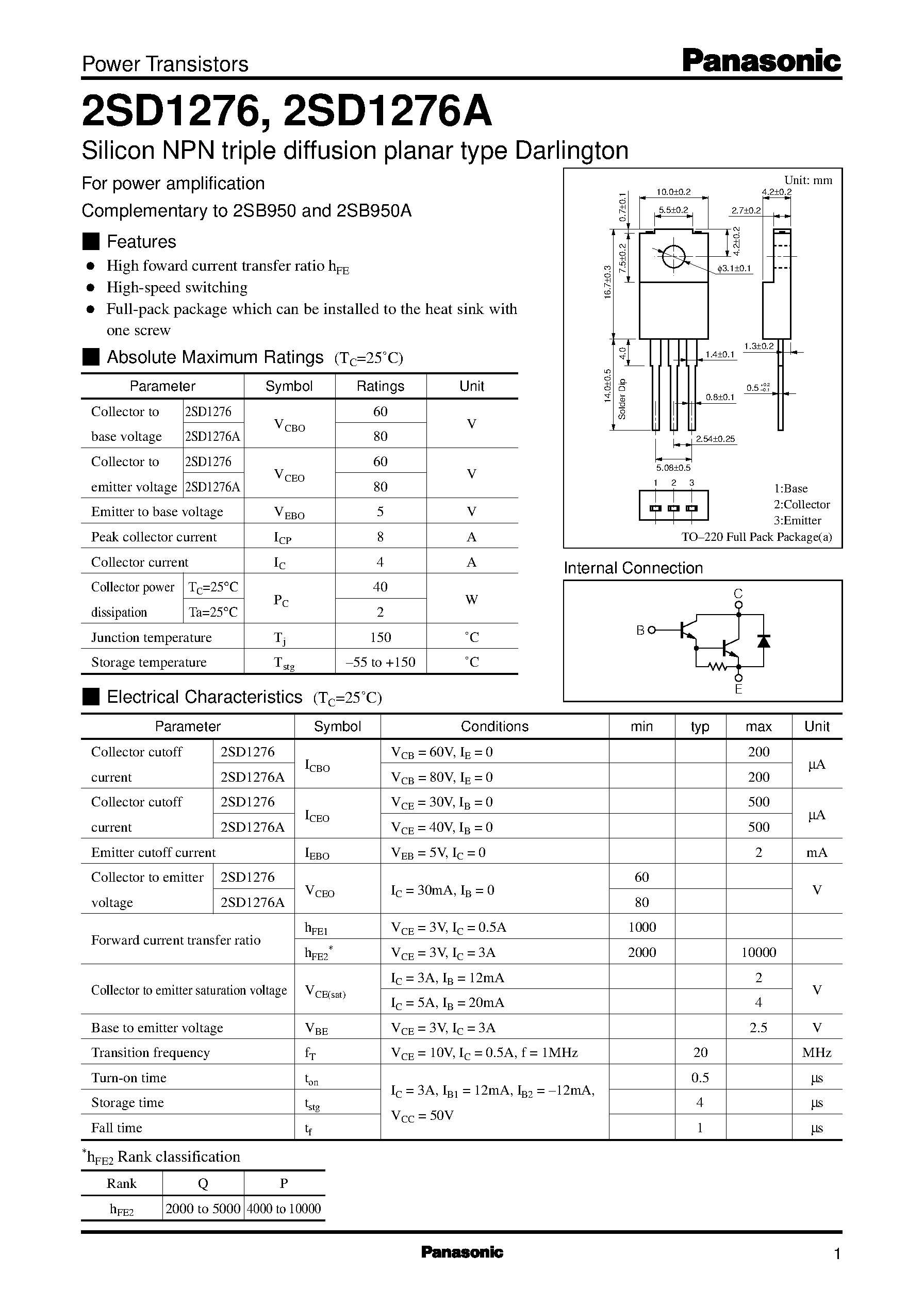 Datasheet 2SD1276 page 1 Datasheet 2SD1276 - Silicon PNP epitaxial planar type Darlington(For power amplification and switching) page 1