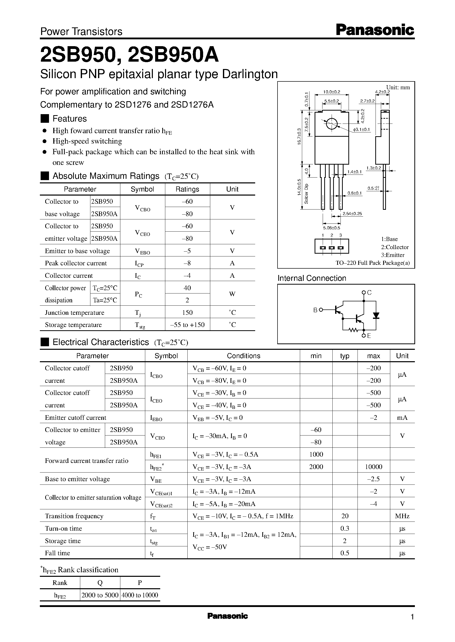 Datasheet 2SD1276A - Silicon NPN triple diffusion planar type Darlington(For power amplification) page 1