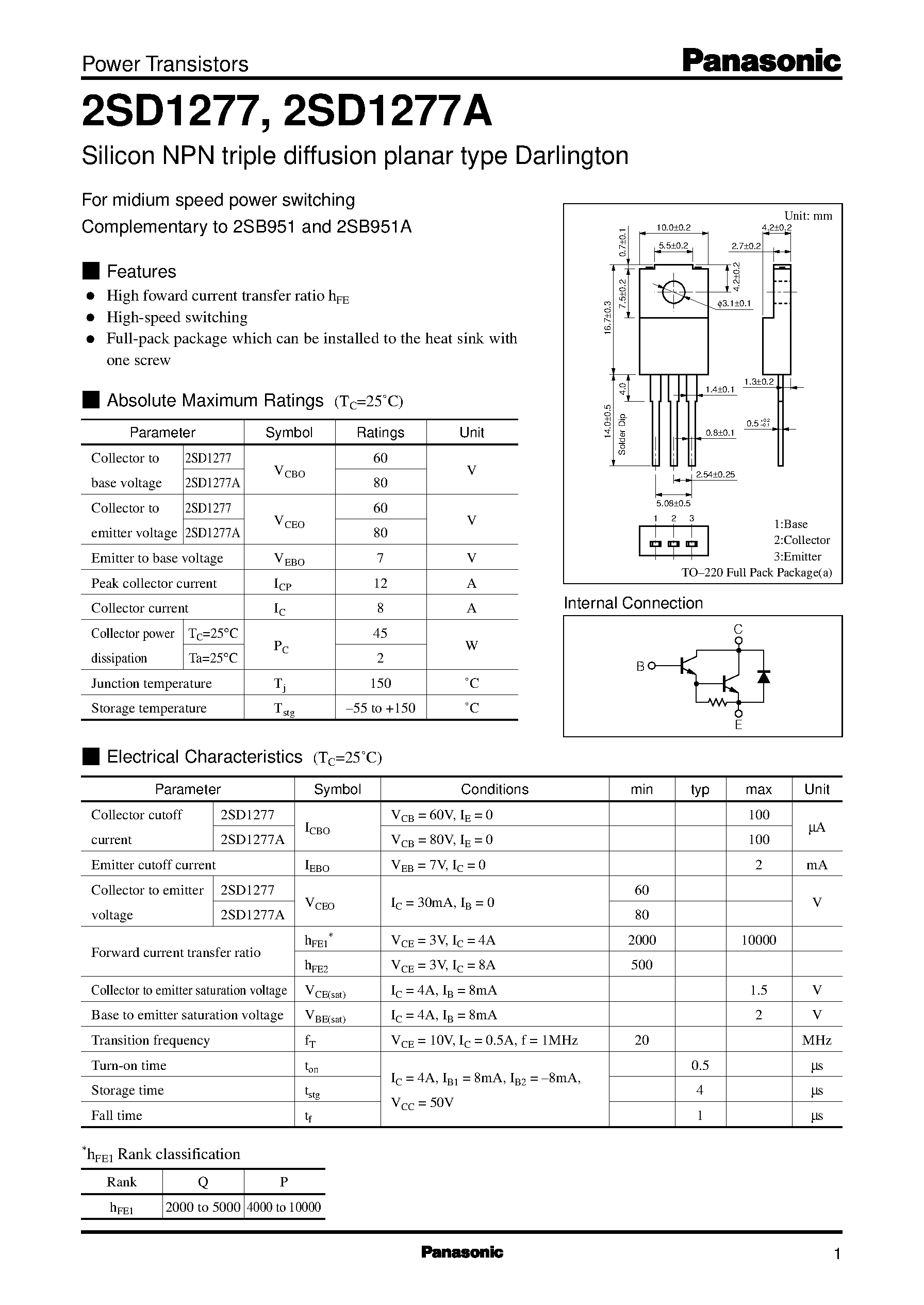 Datasheet 2SD1277 page 1 Datasheet 2SD1277 - Silicon PNP epitaxial planar type Darlington(For midium-speed switching) page 1