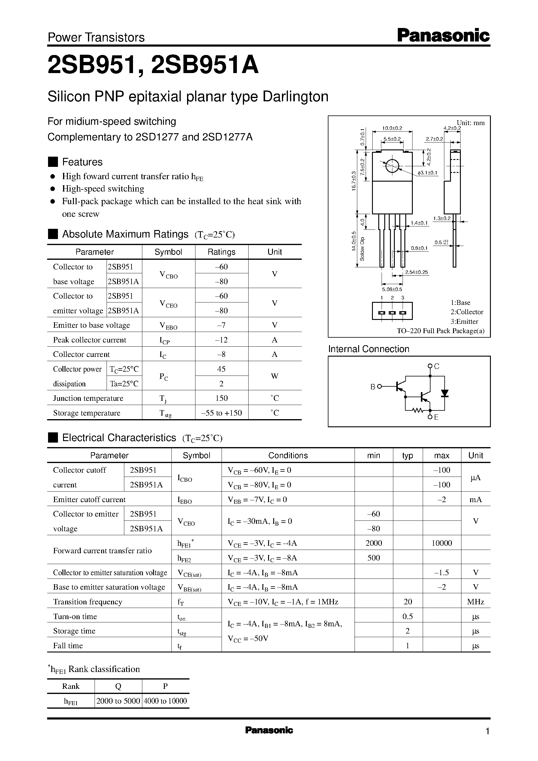 Datasheet 2SD1277A - Silicon NPN triple diffusion planar type Darlington(For midium speed power switching) page 1