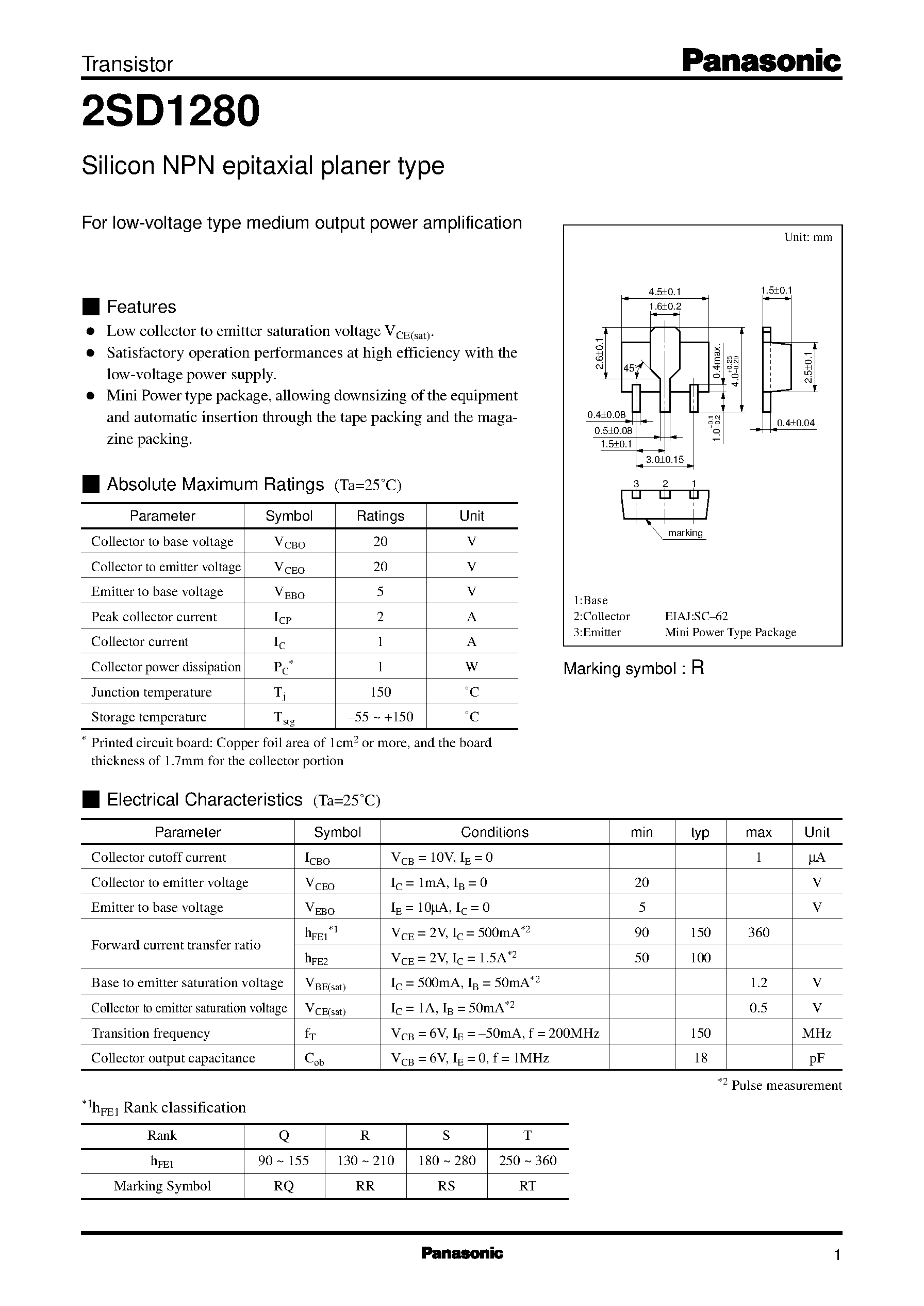 Datasheet 2SD1280 page 1 Datasheet 2SD1280 - Silicon PNP epitaxial planer type(For low-frequency power amplification) page 1