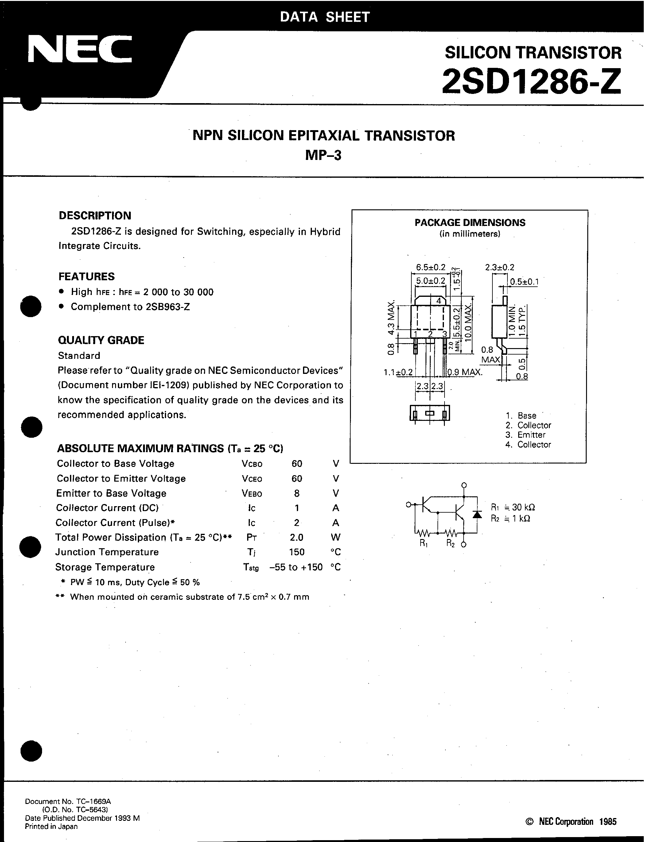 Datasheet 2SD1286-Z page 1 Datasheet 2SD1286-Z - NPN SILICON EPITAXIAL TRANSISTOR MP-3 page 1
