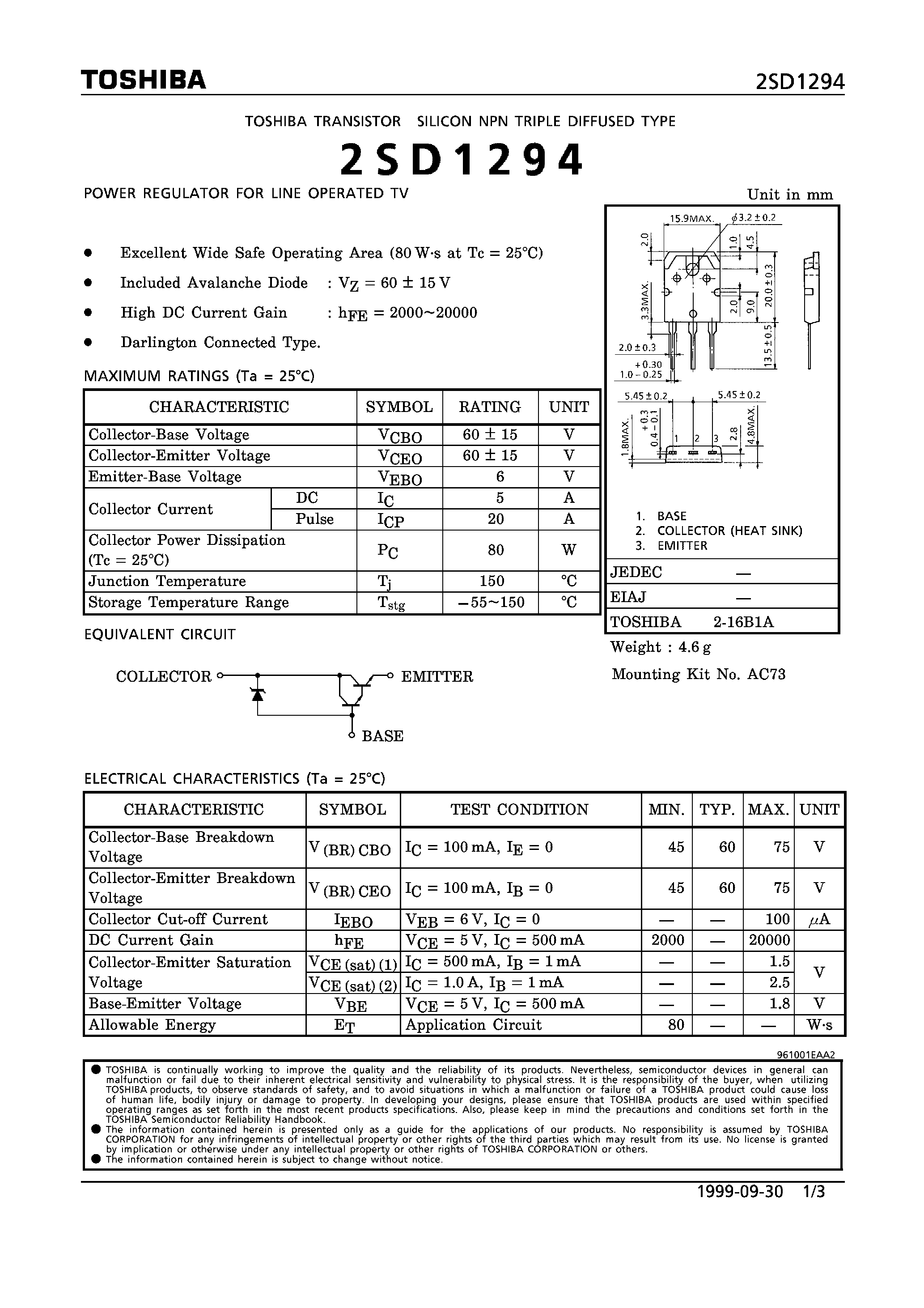 Datasheet 2SD1294 - NPN TRIPLE DIFFUSED TYPE (POWER REGULATOR FOR LINE POERATED TV) page 1