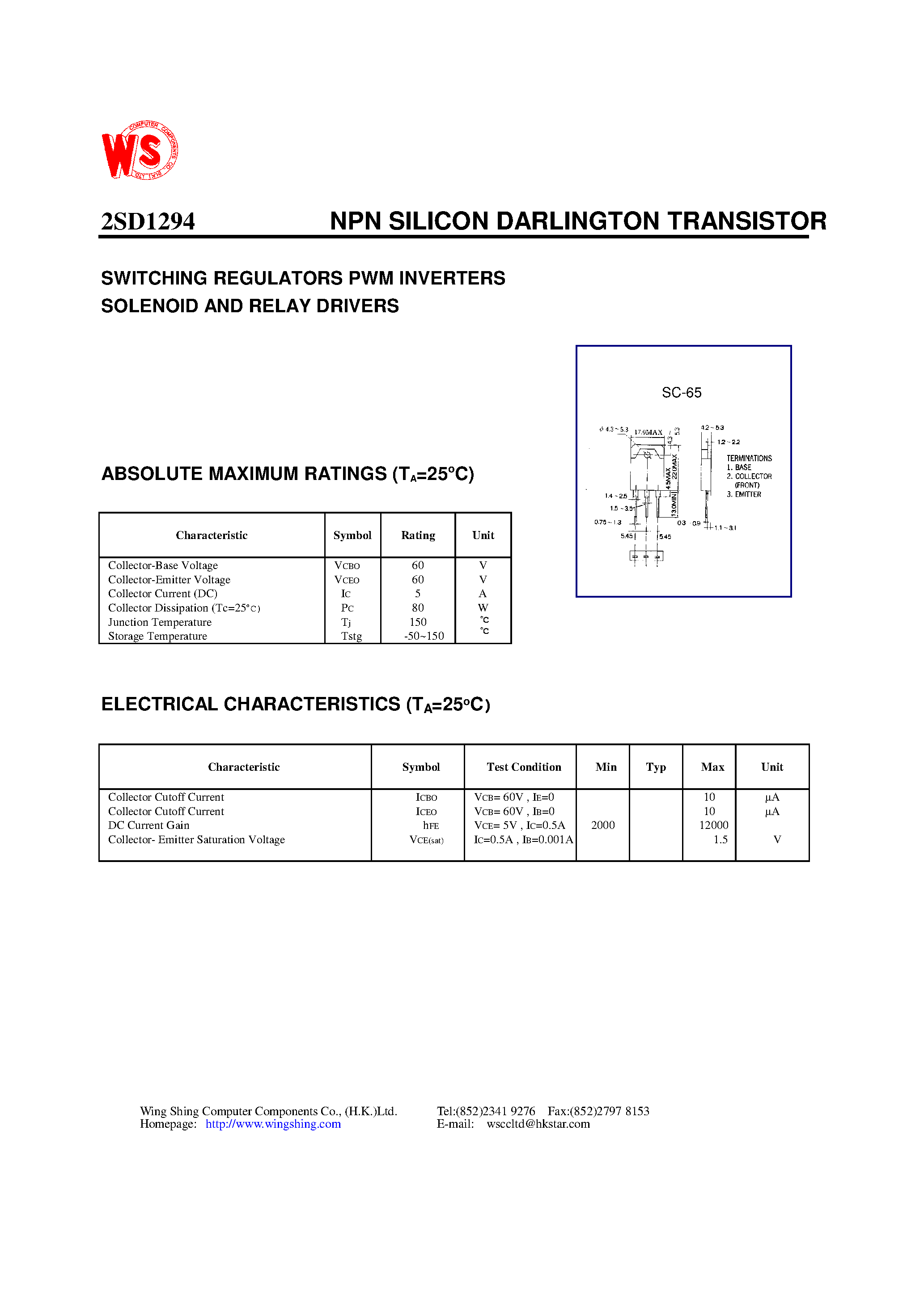 Datasheet 2SD1294 - NPN SILICON DARLINGTON TRANSISTOR(SWITCHING REGULATORS PWM INVERTERS SOLENOID AND RELAY DRIVERS) page 1