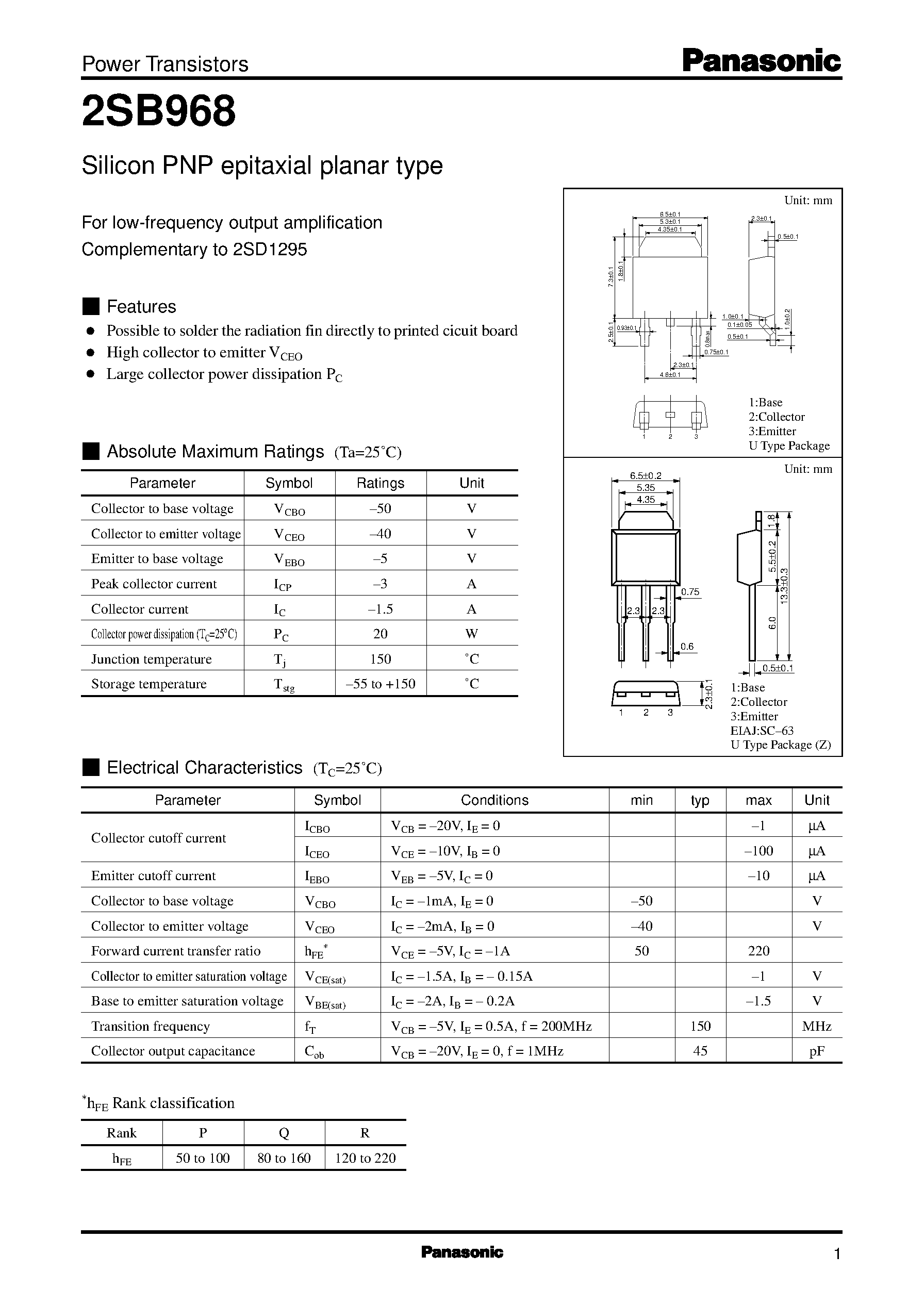 Datasheet 2SD1295 page 1 Datasheet 2SD1295 - Silicon PNP epitaxial planar type(For low-frequency output amplification) page 1