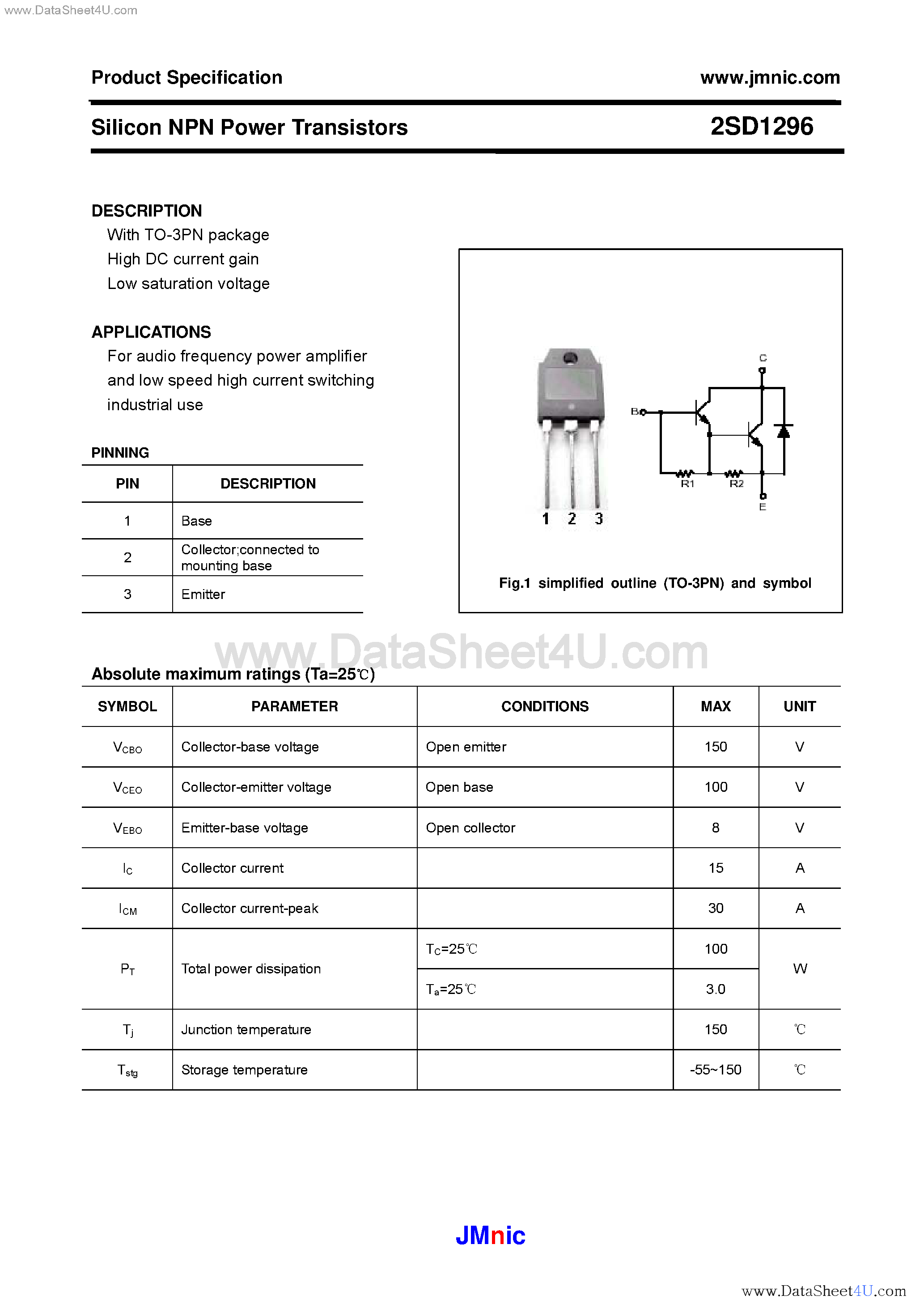 Datasheet 2SD1296 page 1 Datasheet 2SD1296 - Darlington Power Transistors page 1