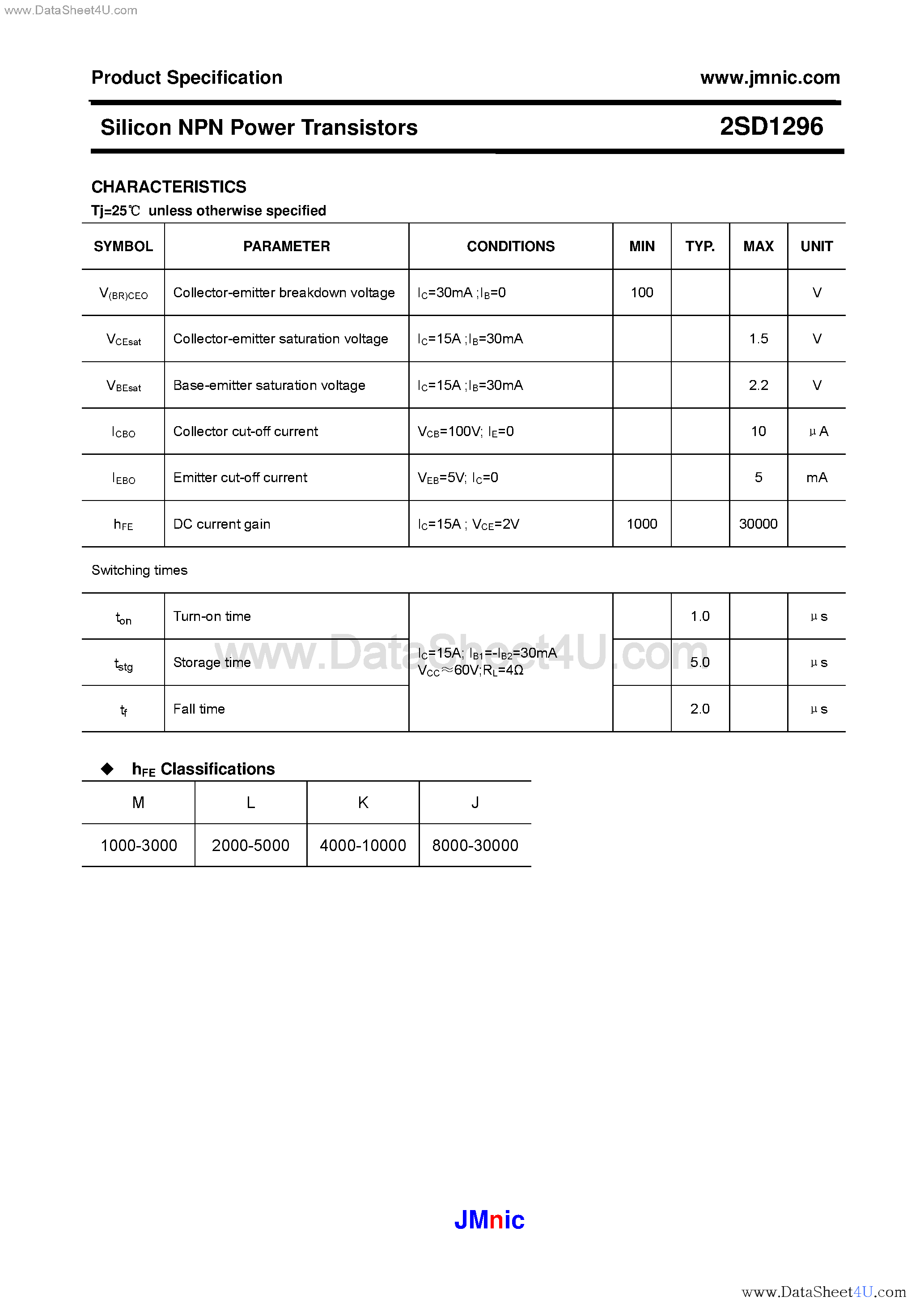 Datasheet 2SD1296 page 2 Datasheet 2SD1296 - Darlington Power Transistors page 2