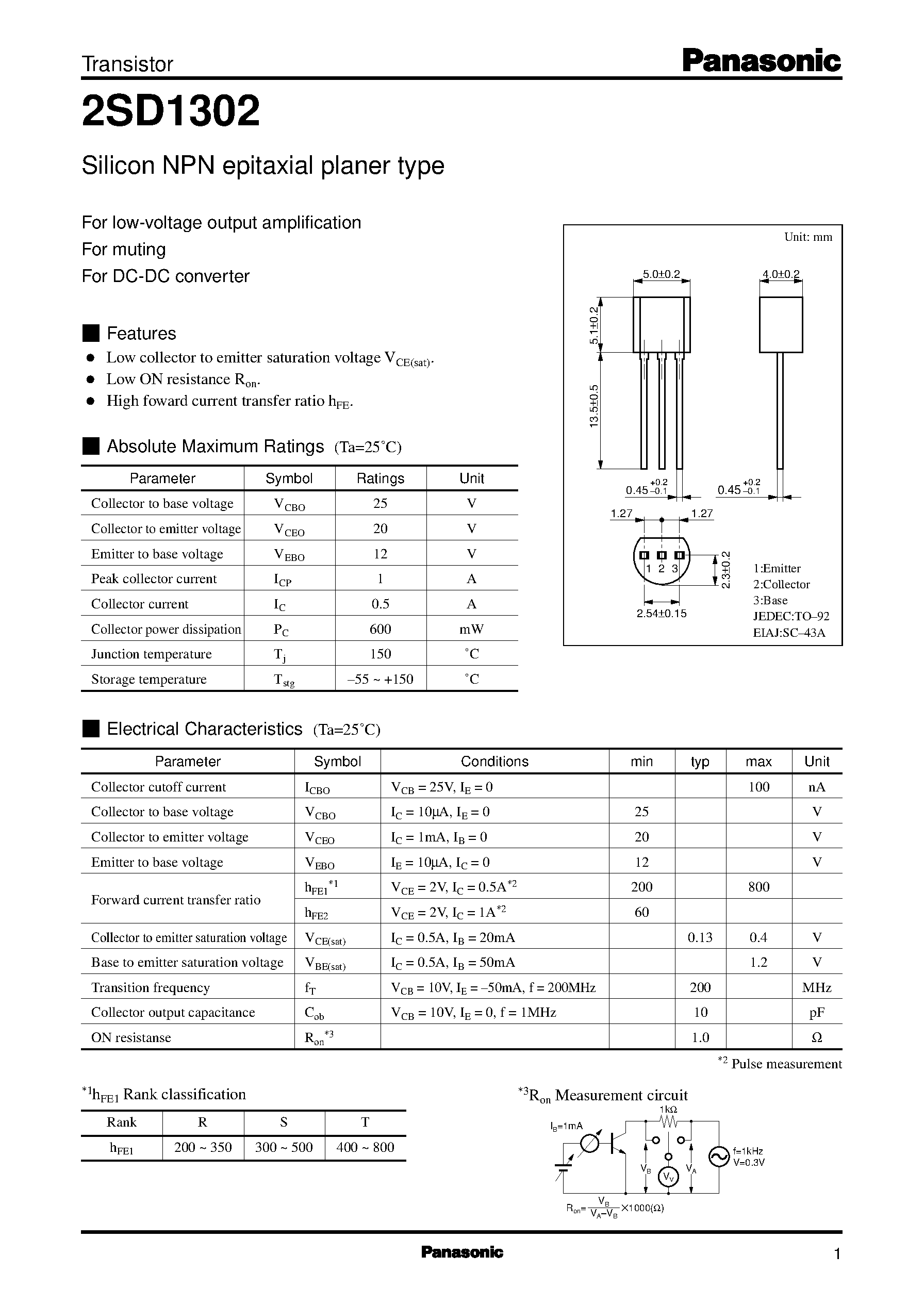 Datasheet 2SD1302 - Silicon NPN epitaxial planer type(For low-voltage output amplification) page 1
