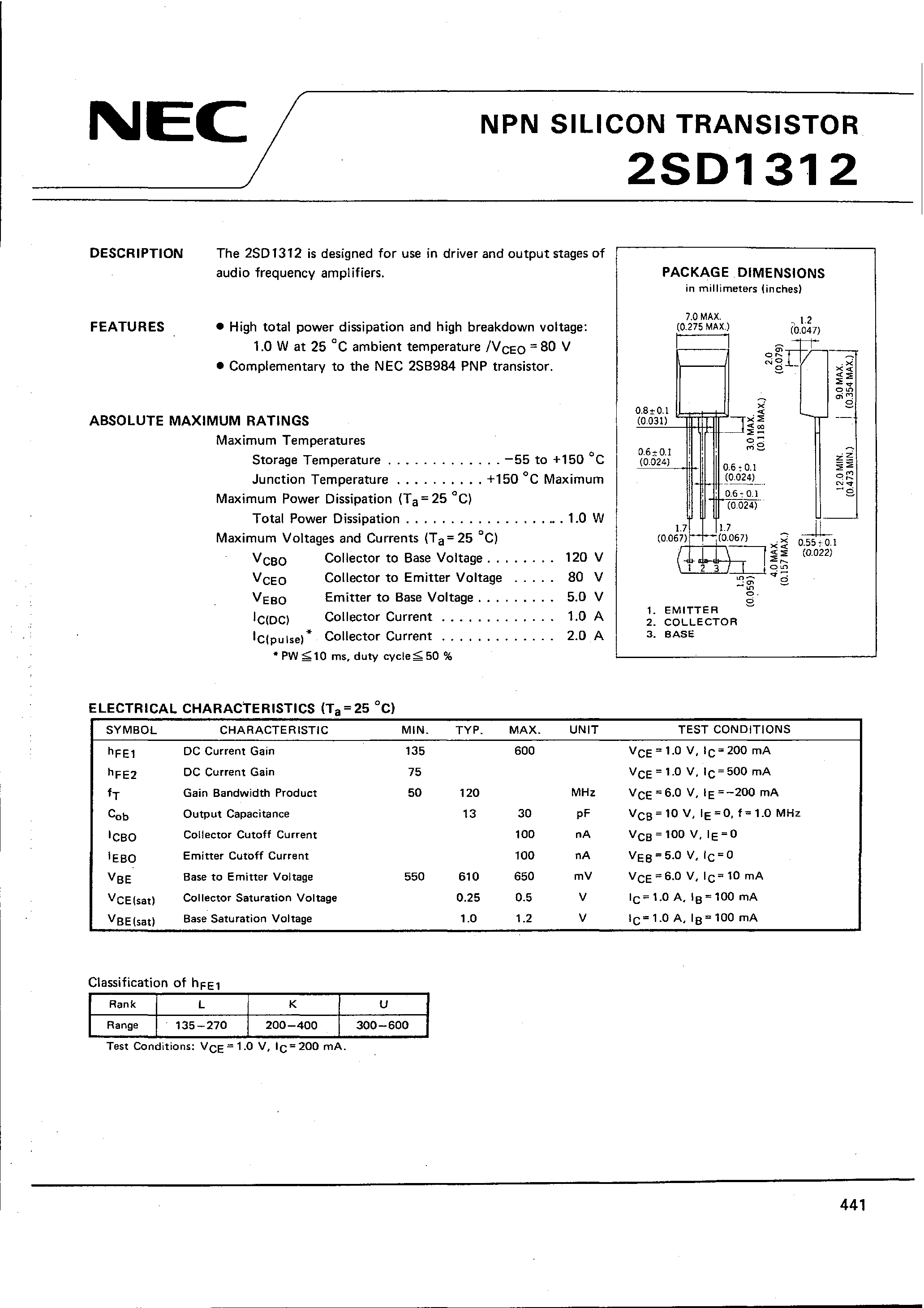 Datasheet 2SD1312 - NPN SILICON TRANSISTOR page 1