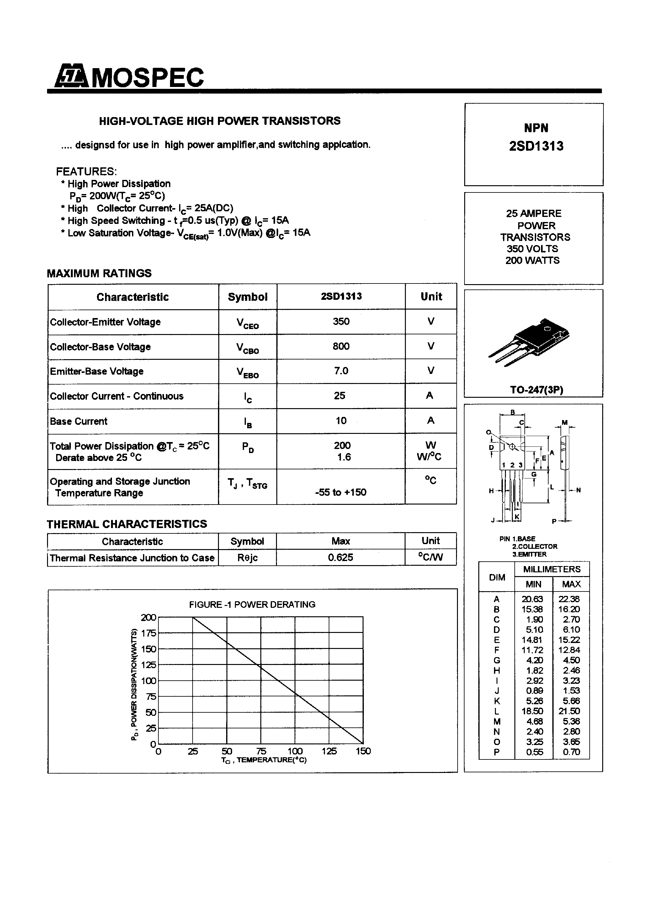 Datasheet 2SD1313 - POWER TRANSISTORS(25A/350V/200W) page 1