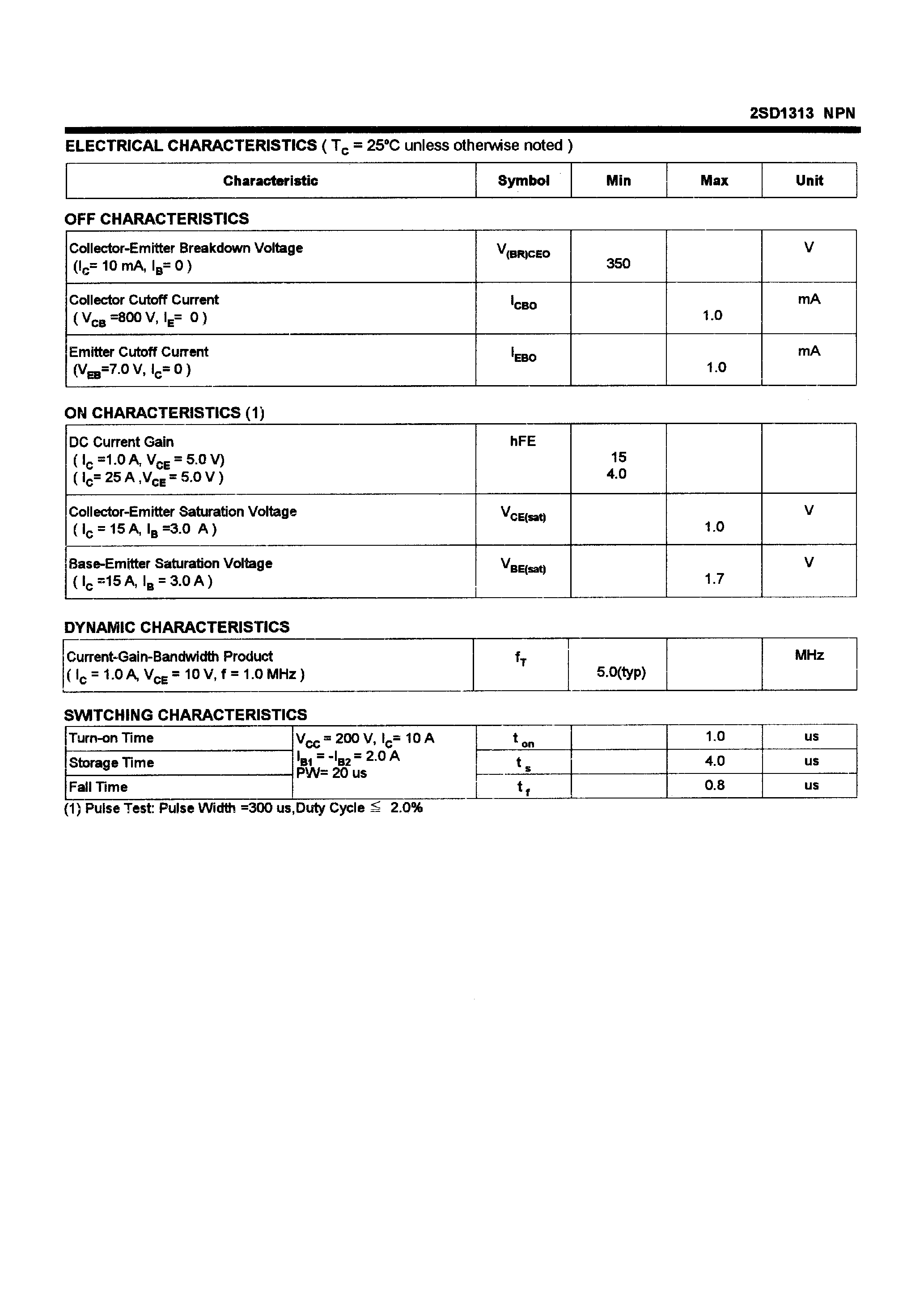 Datasheet 2SD1313 - POWER TRANSISTORS(25A/350V/200W) page 2
