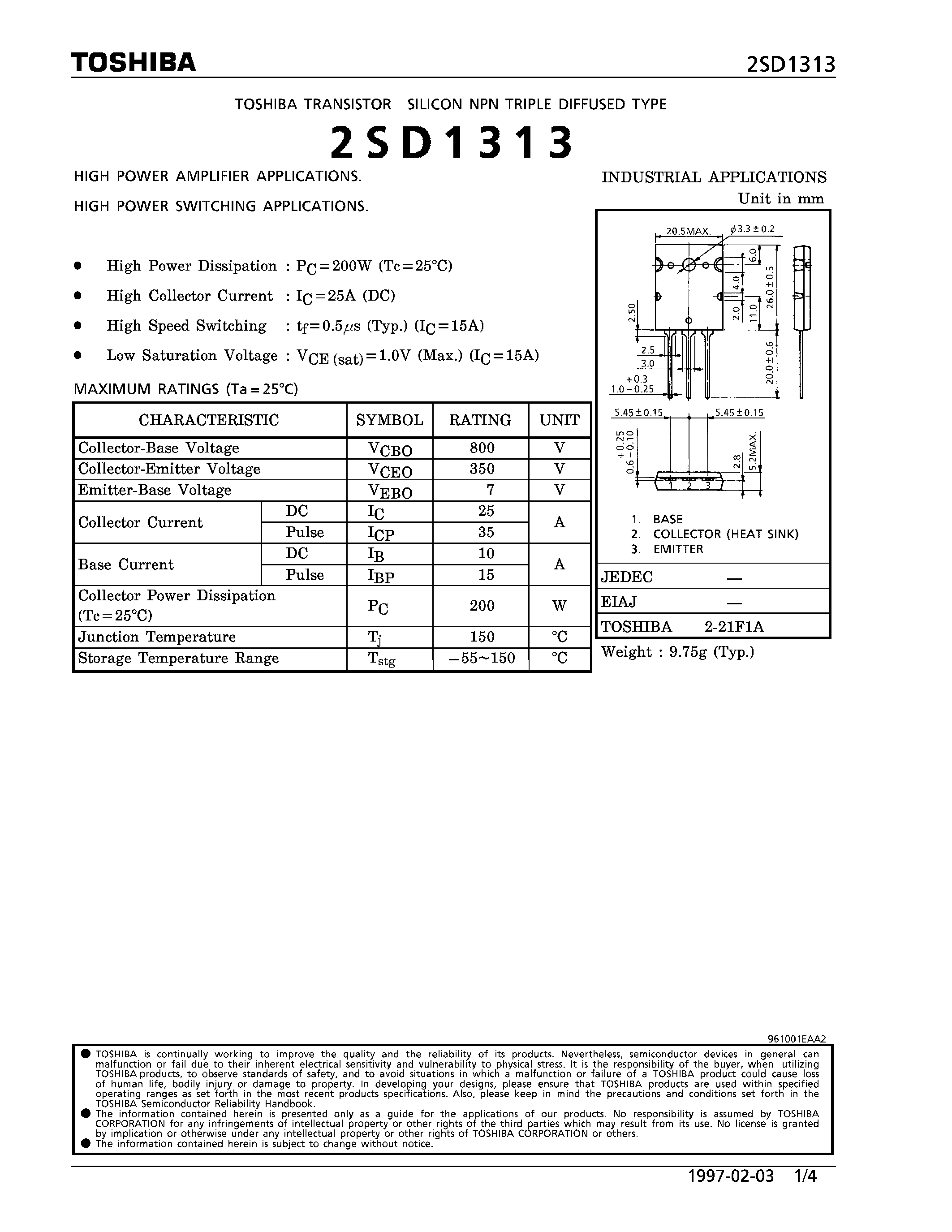 Datasheet 2SD1313 - NPN TRIPLE DIFFUSED TYPE (HIGH POWER AMPLIFIER/ SWITCHING APPLICATIONS) page 1