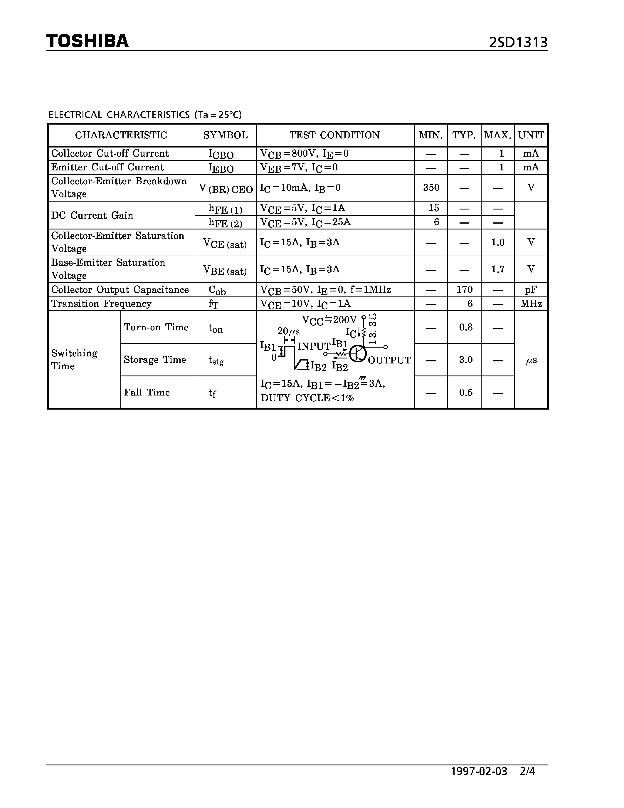Datasheet 2SD1313 - NPN TRIPLE DIFFUSED TYPE (HIGH POWER AMPLIFIER/ SWITCHING APPLICATIONS) page 2