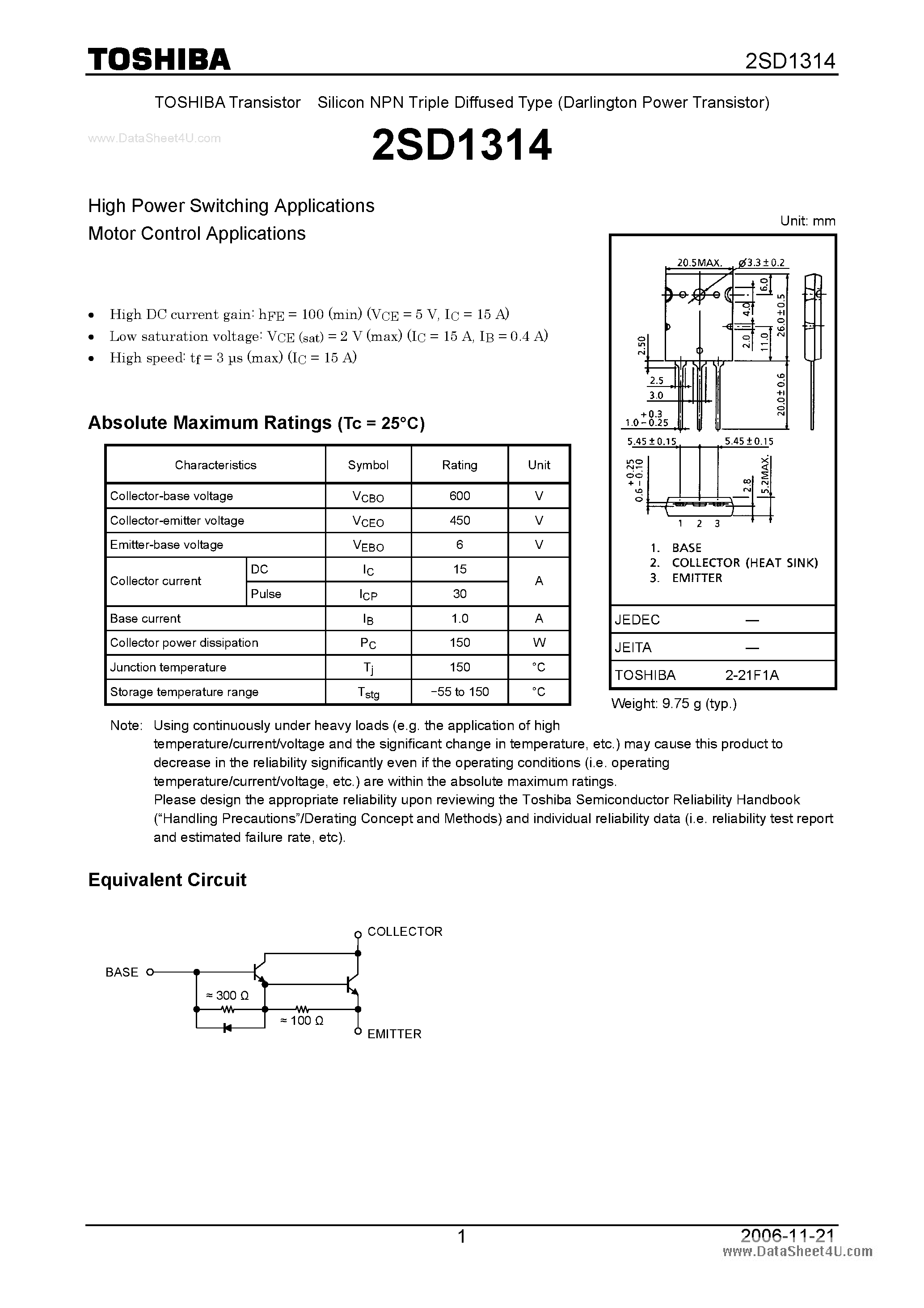 Datasheet 2SD1314 - NPN TRIPLE DIFFUSED TYPE (HIGH POWER SWITCHING/ MOTOR CONTROL APPLICATIONS) page 1