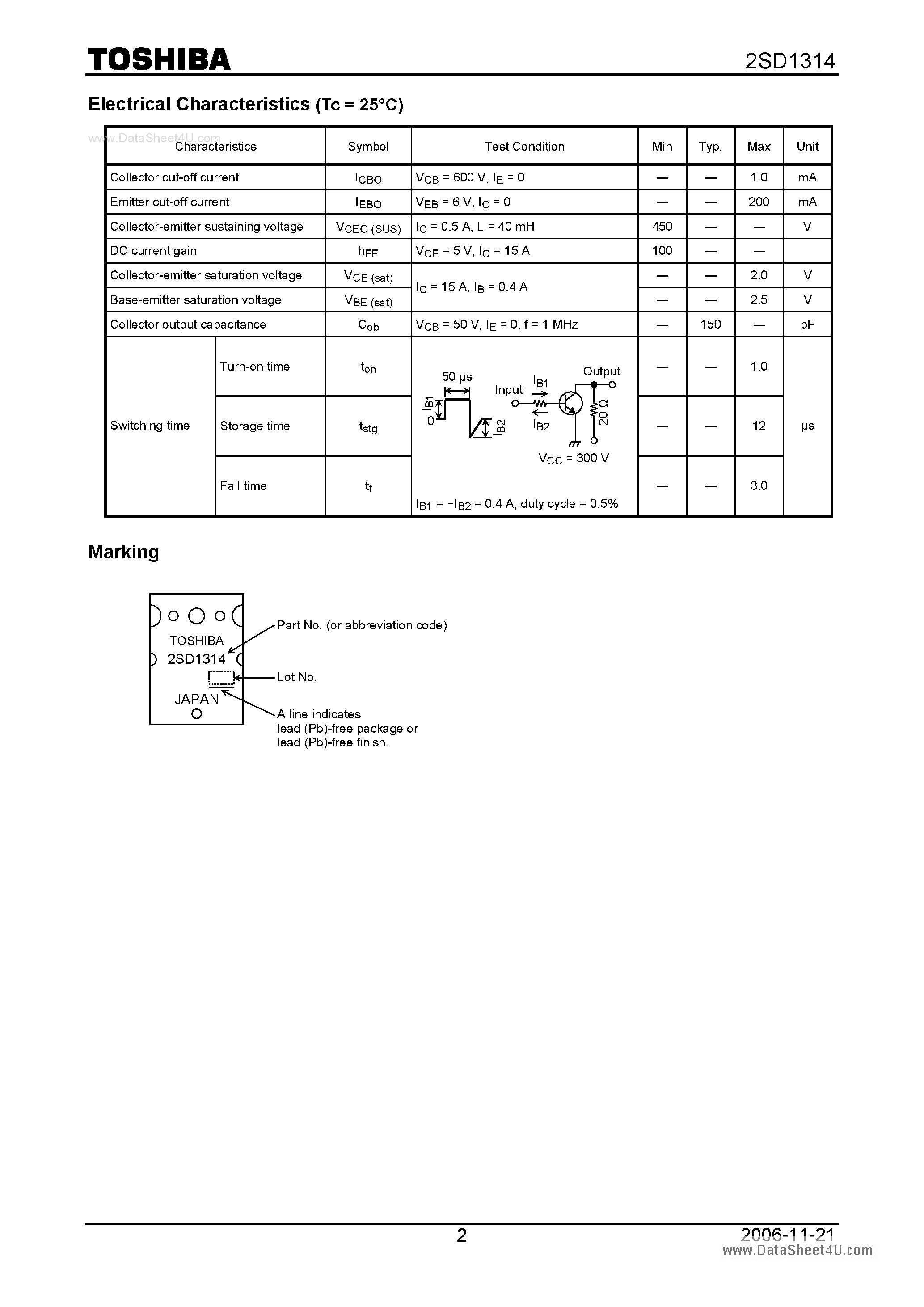 Datasheet 2SD1314 - NPN TRIPLE DIFFUSED TYPE (HIGH POWER SWITCHING/ MOTOR CONTROL APPLICATIONS) page 2