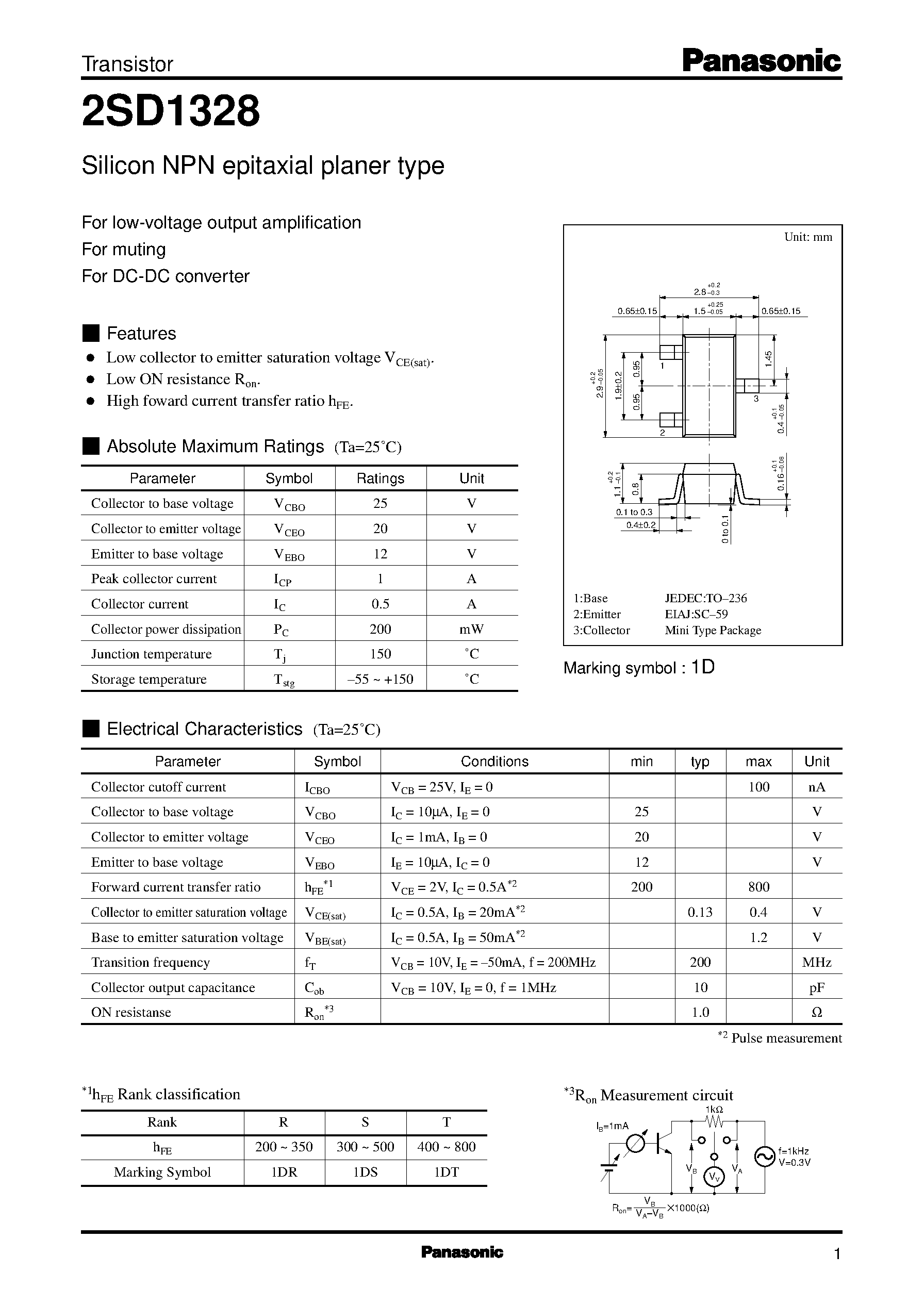 Datasheet 2SD1328 page 1 Datasheet 2SD1328 - Silicon NPN epitaxial planer type(For low-voltage output amplification) page 1