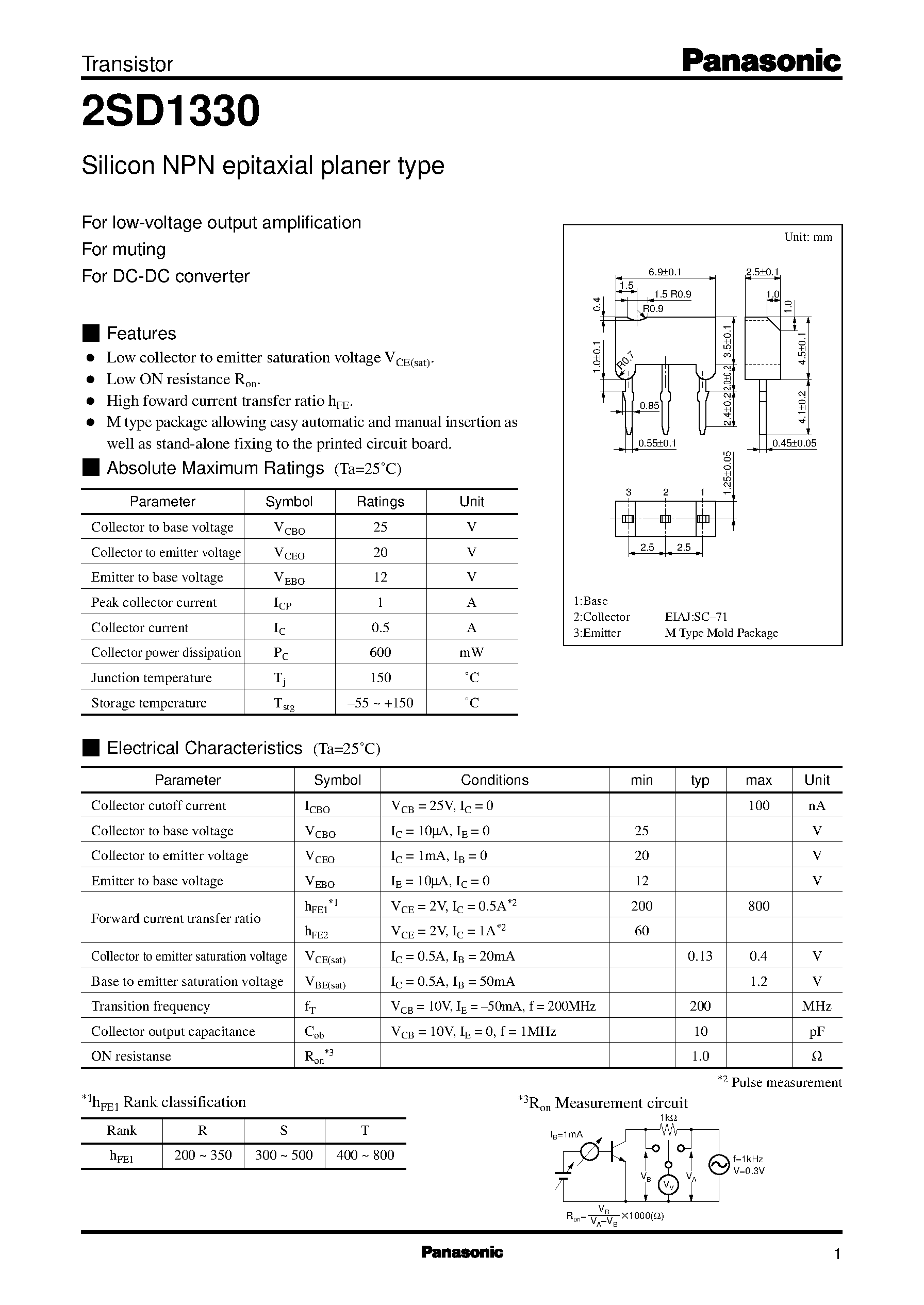 Datasheet 2SD1330 page 1 Datasheet 2SD1330 - Silicon NPN epitaxial planer type(For low-voltage output amplification) page 1