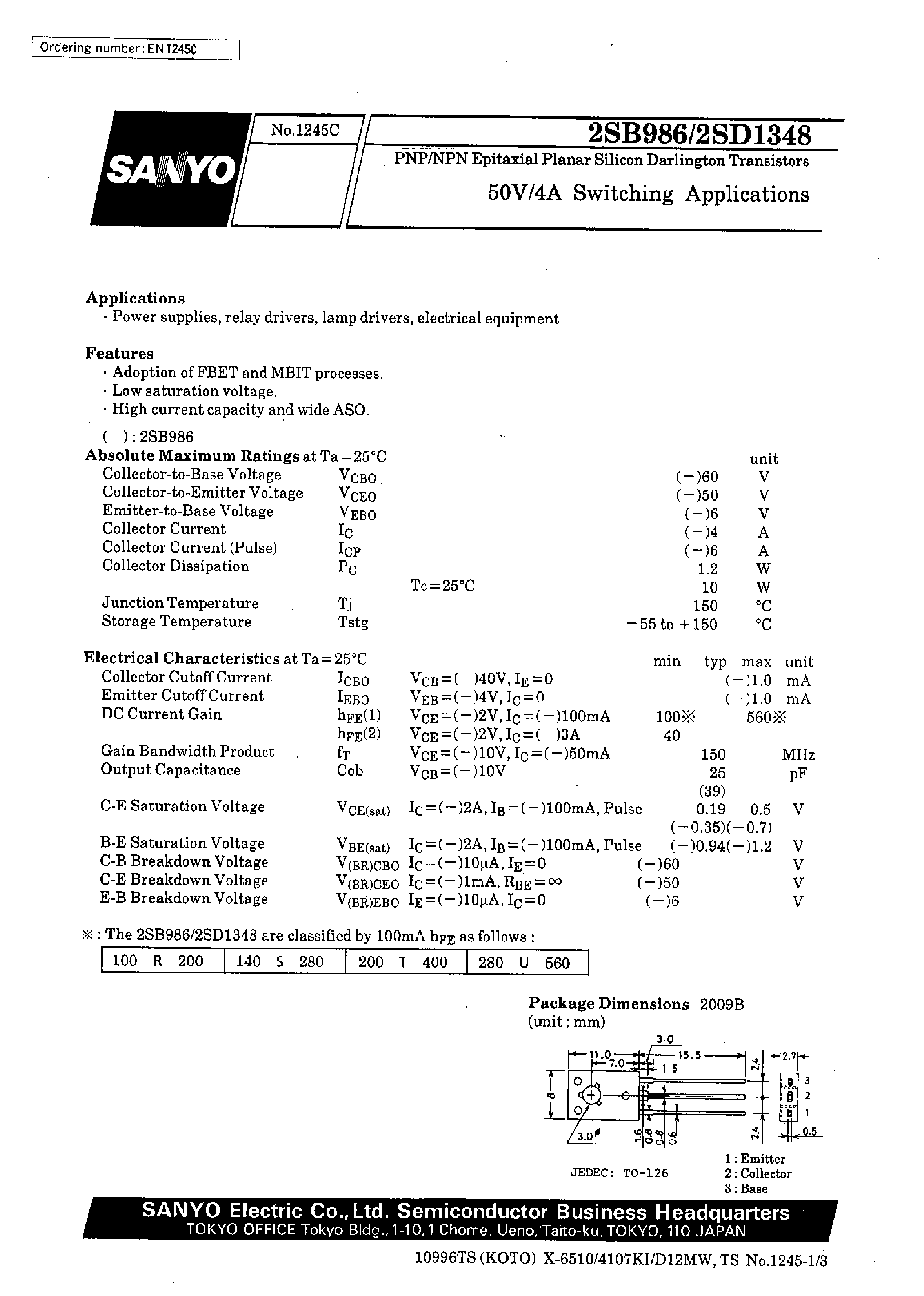 Datasheet 2SD1348 - 50V/4A Switching Applications page 1