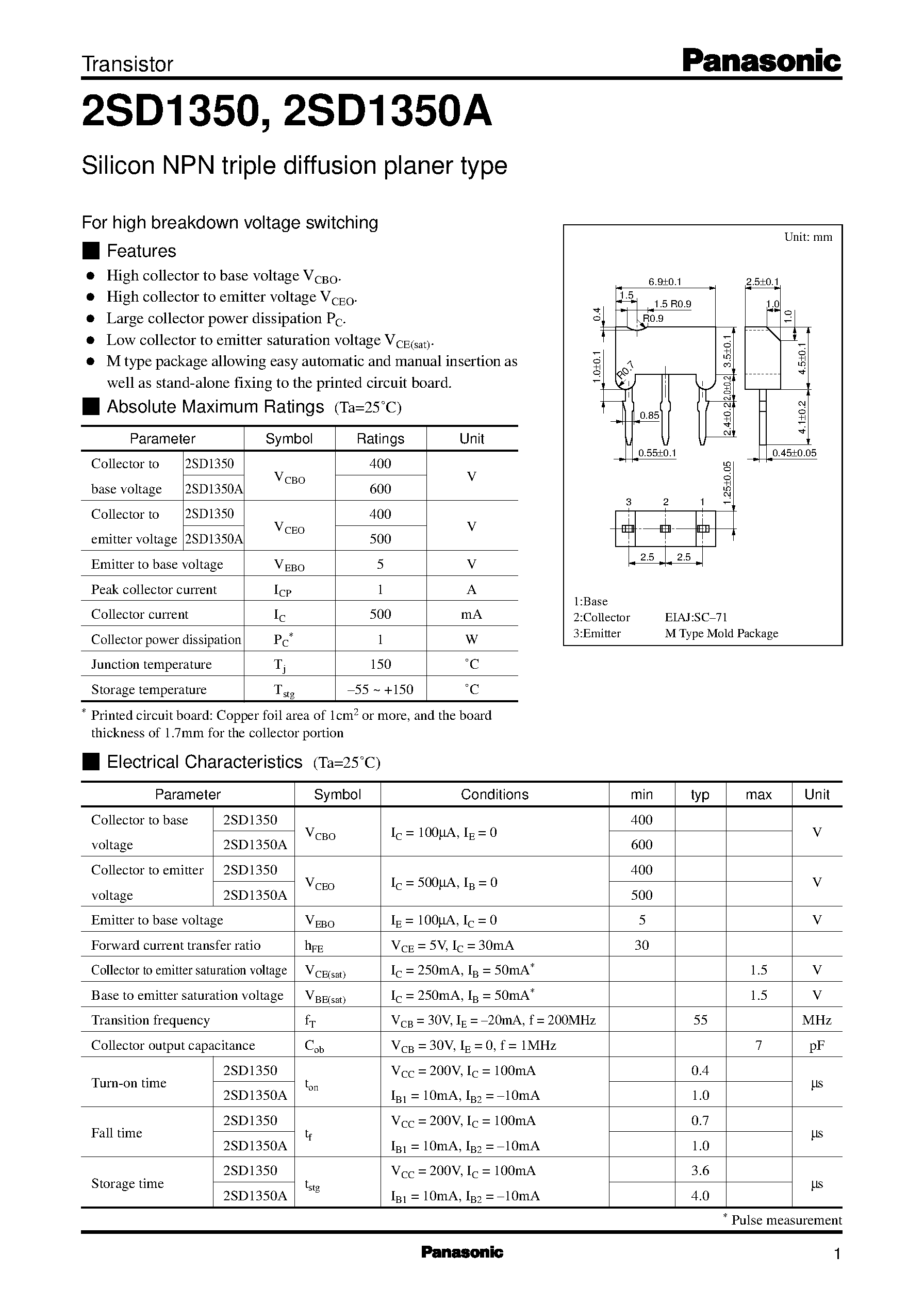 Datasheet 2SD1350 page 1 Datasheet 2SD1350 - Silicon NPN triple diffusion planer type page 1