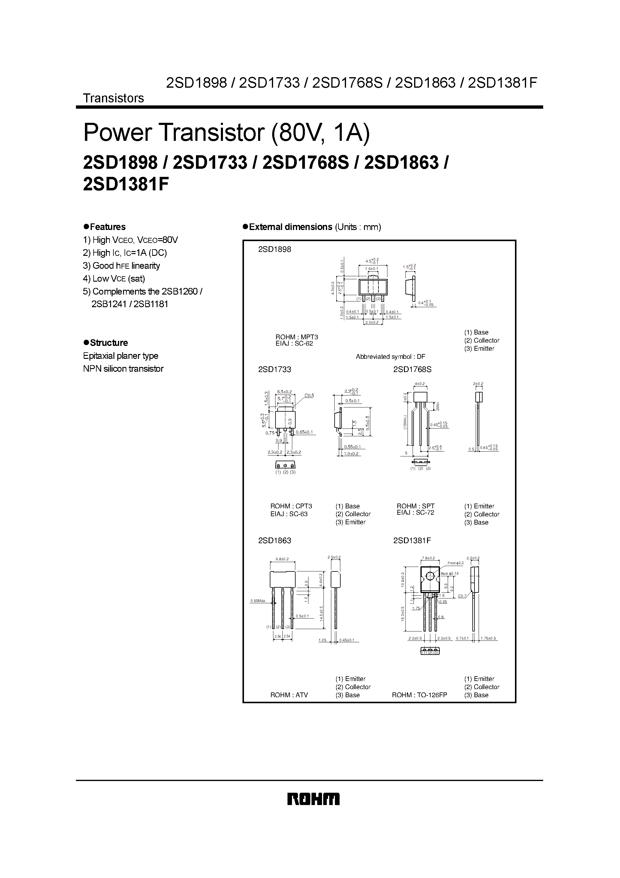 Datasheet 2SD1381F - Power Transistor (80V/ 1A) page 1