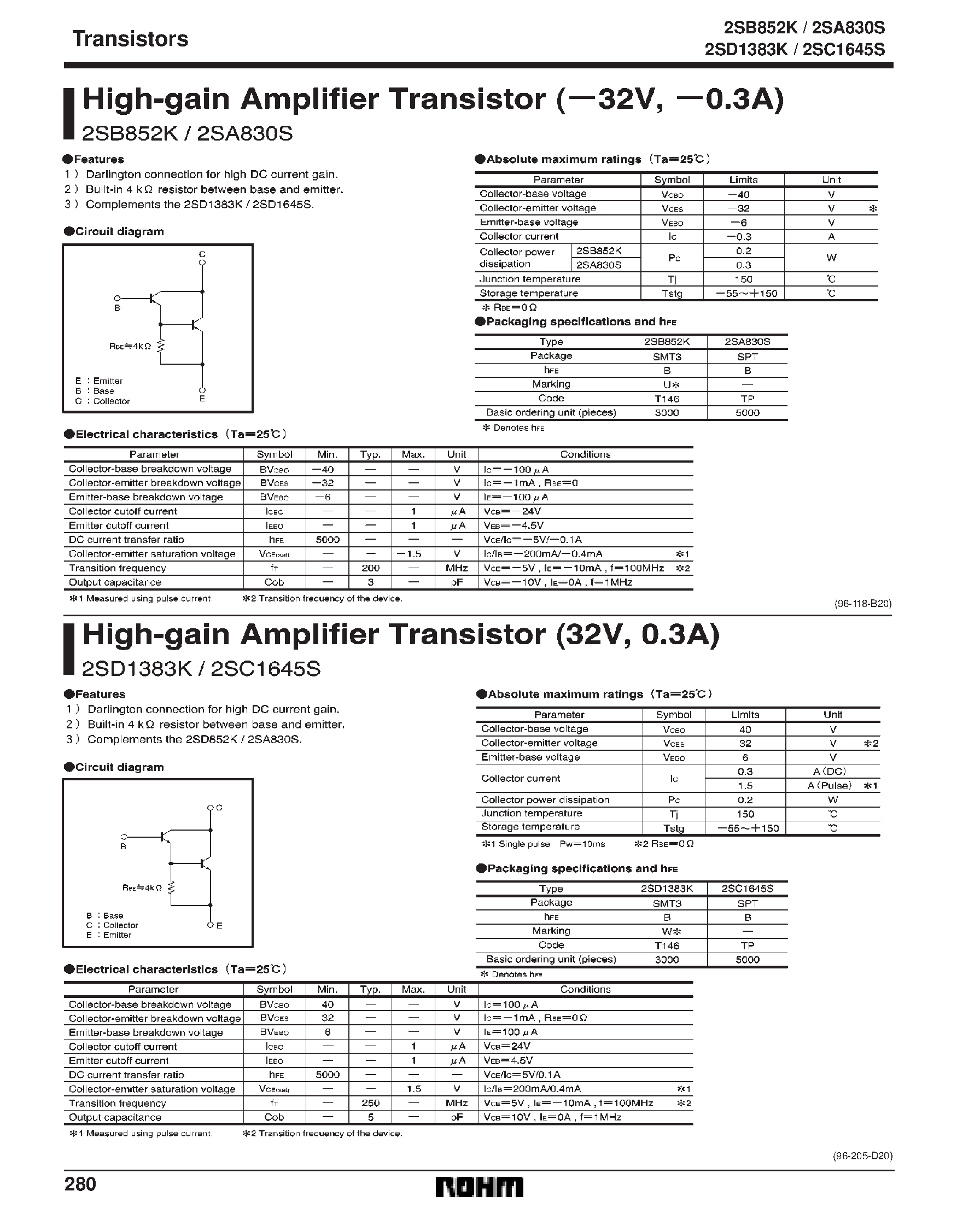Datasheet 2SD1383K - High-gain Amplifier Transistor (-32V/ -0.3A) page 1