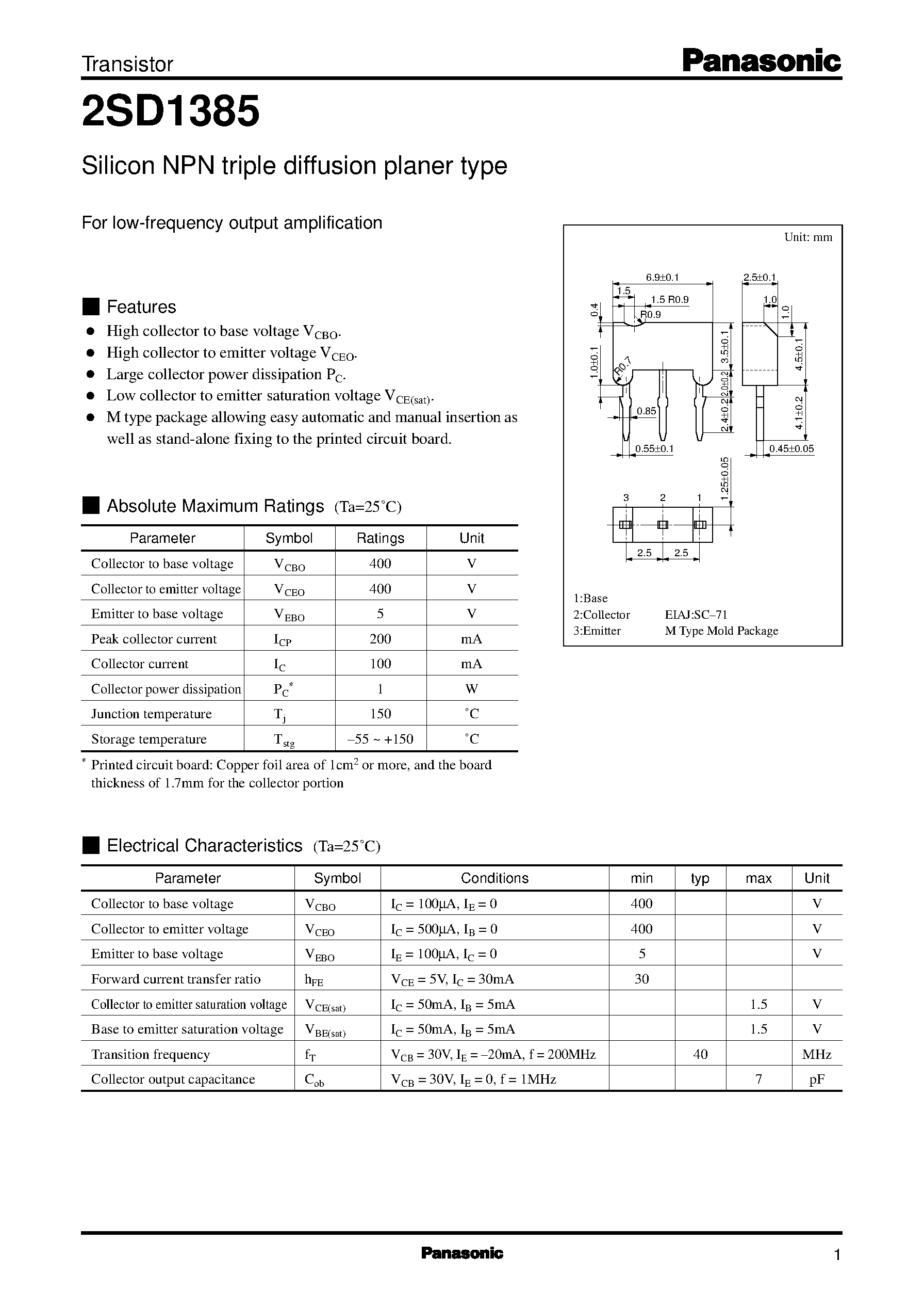 Datasheet 2SD1385 - Silicon NPN triple diffusion planer type(For low-frequency output amplification) page 1