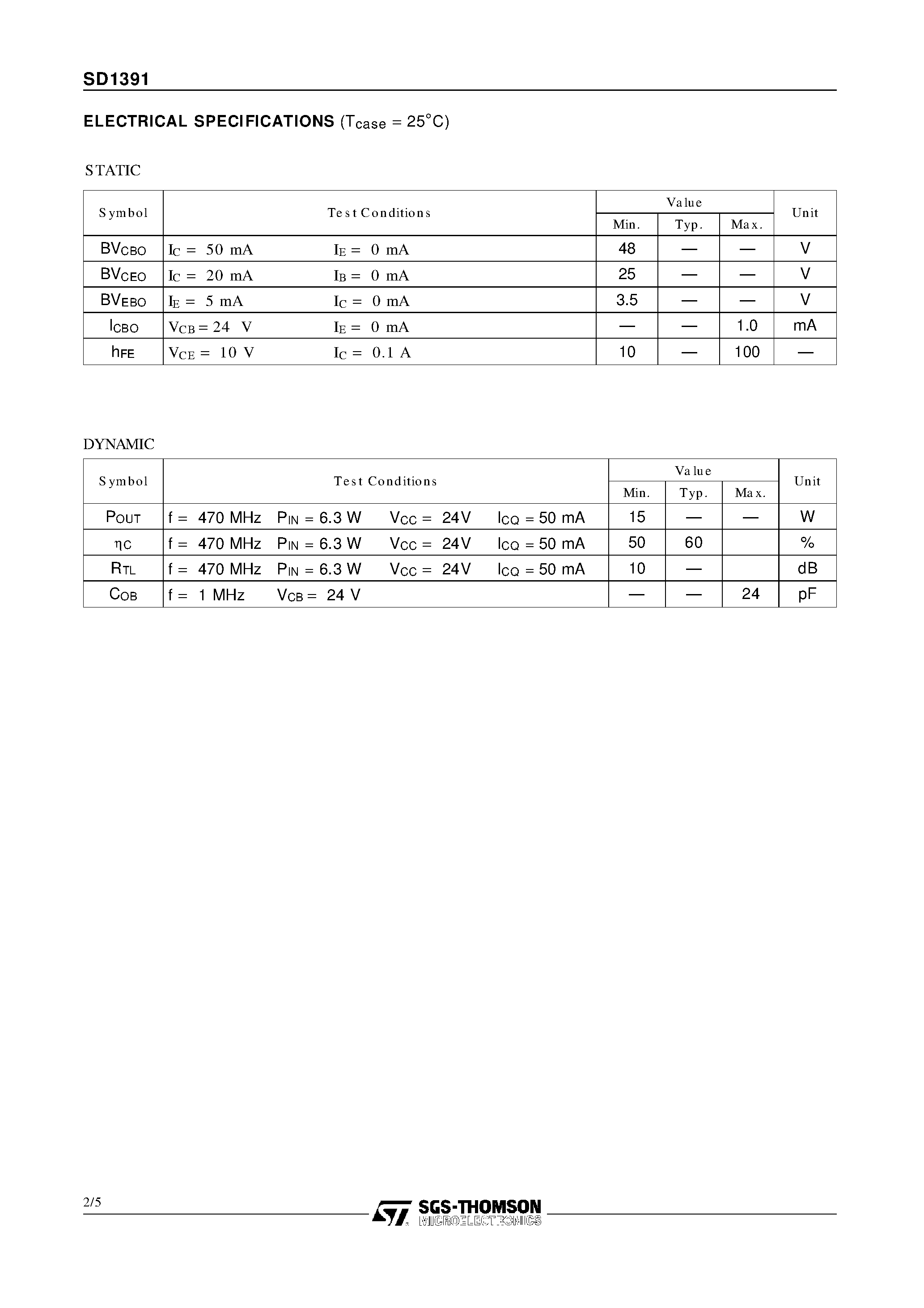 Datasheet 2SD1391 - RF & MICROWAVE TRANSISTORS UHF BASE STATION APPLICATIONS page 2