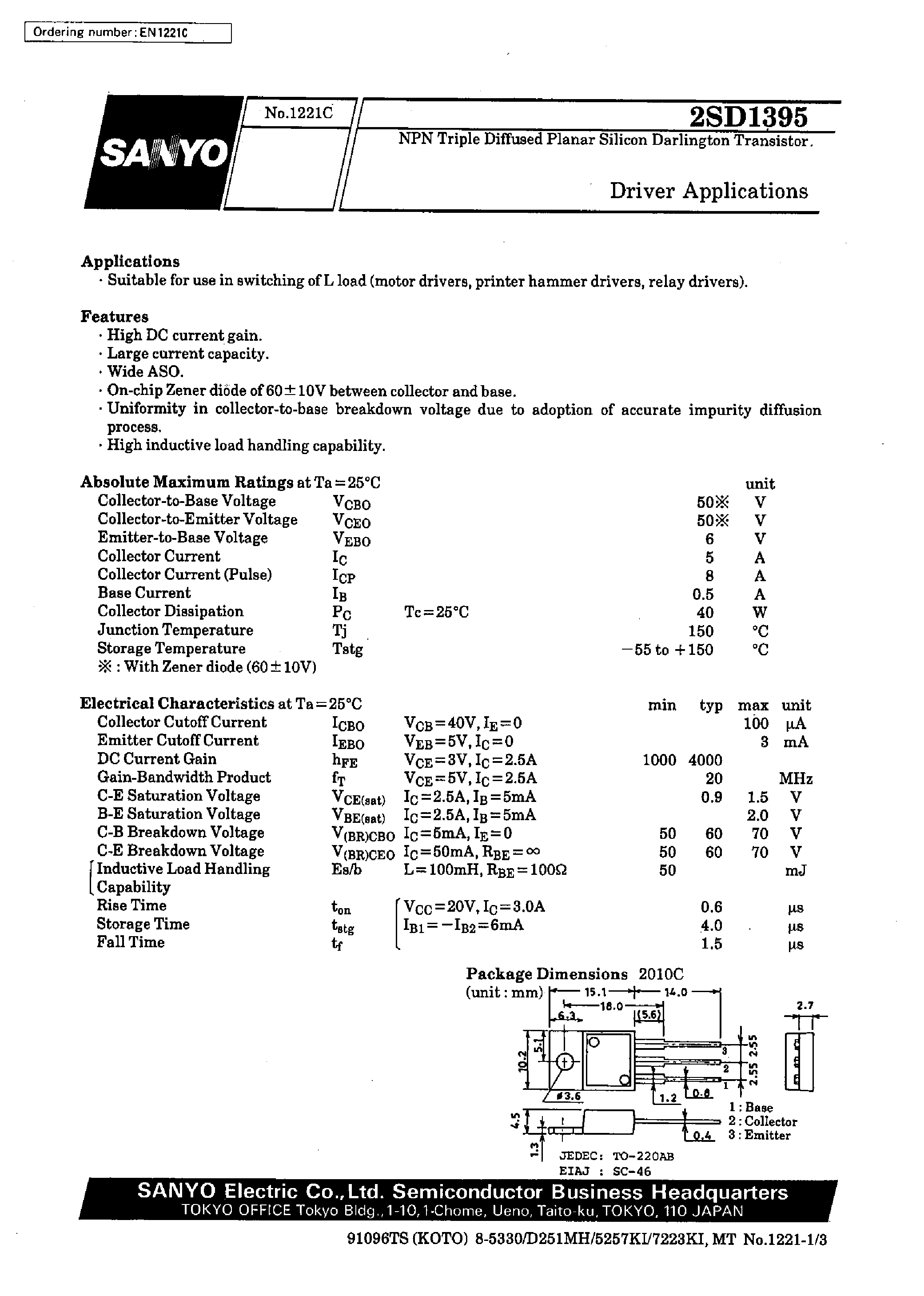Datasheet 2SD1395 - Driver Applications page 1